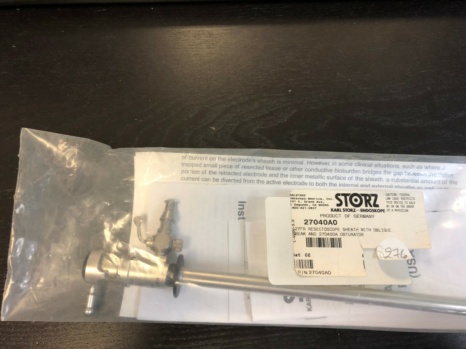Karl Storz 27040AO 27Fr Resectoscope Sheath With Oblique Beak and 27040OA OBT.