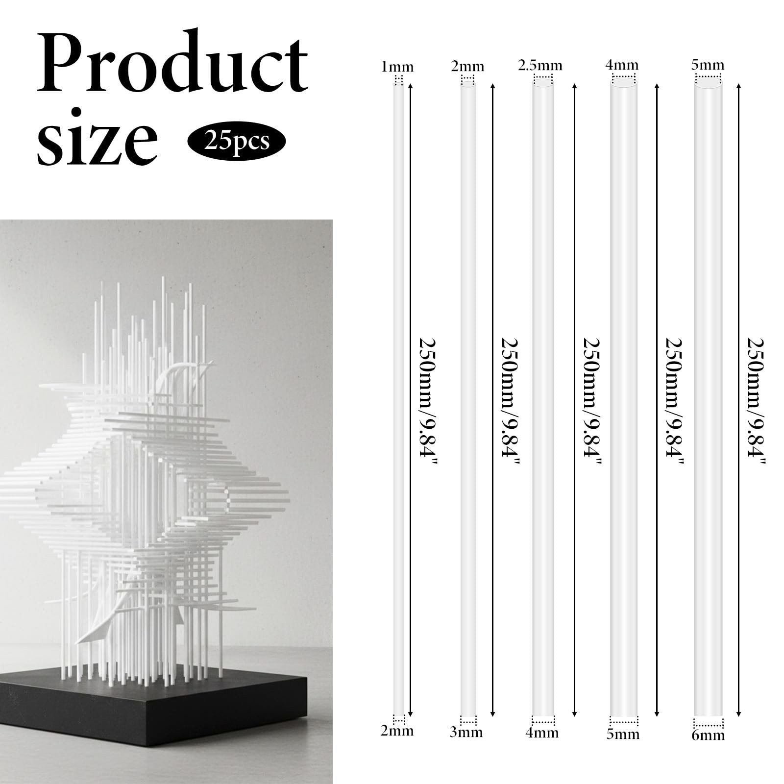 25Pcs Plastic Tubing 5 Sizes ABS White Round Bars Rod Hollow Tube for DIY San…