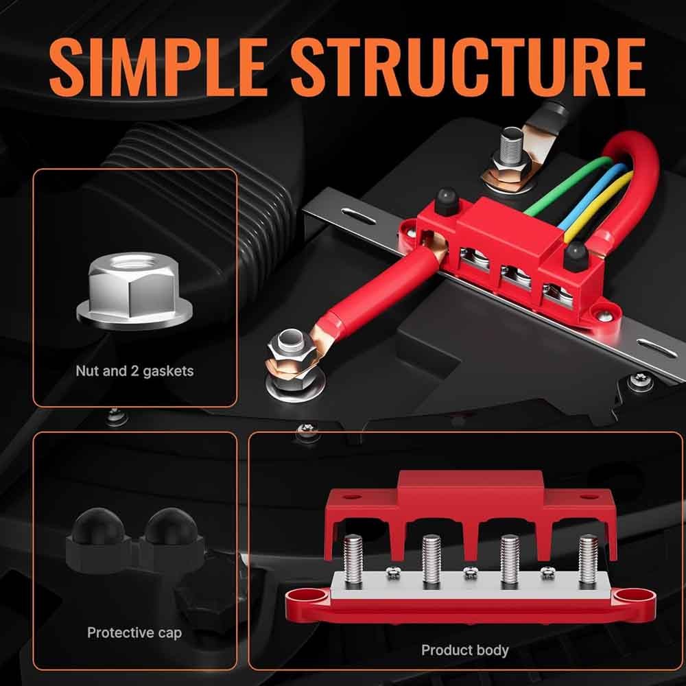 12V 250A Bus Bar Power Distribution Block 4 x 3/8″ Studs Battery Terminal Block