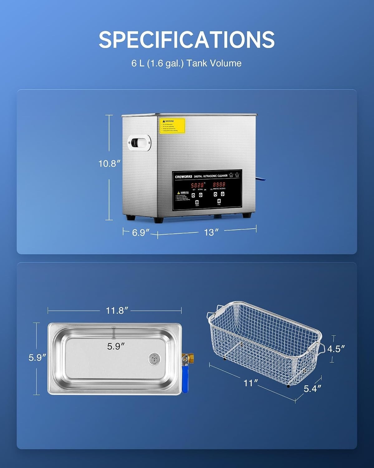 CREWORKS Ultrasound Cleaner, 6L Digital Sonic Cleaning Machine, Heater, Timer