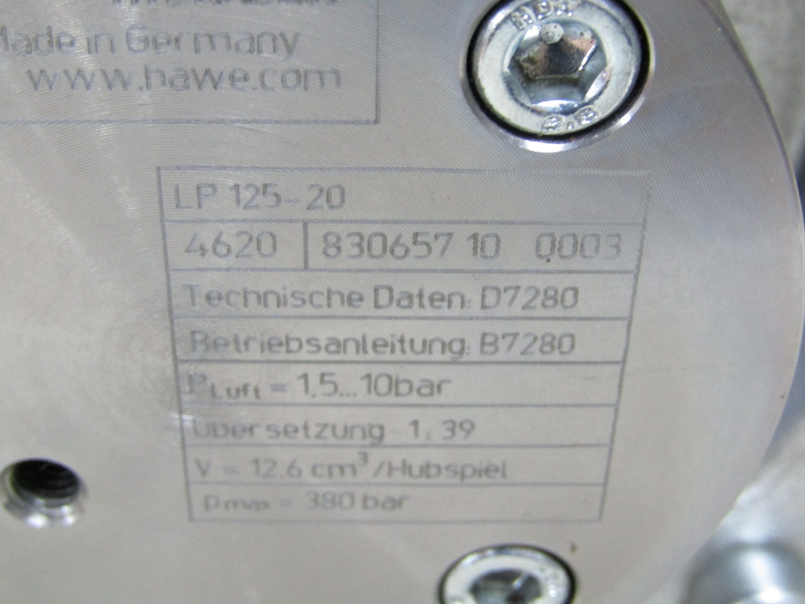 💥HAWE LP 125-20 AIR DRIVEN HYDRAULIC PUMP 1.5…10 BAR PMAX 380 BAR