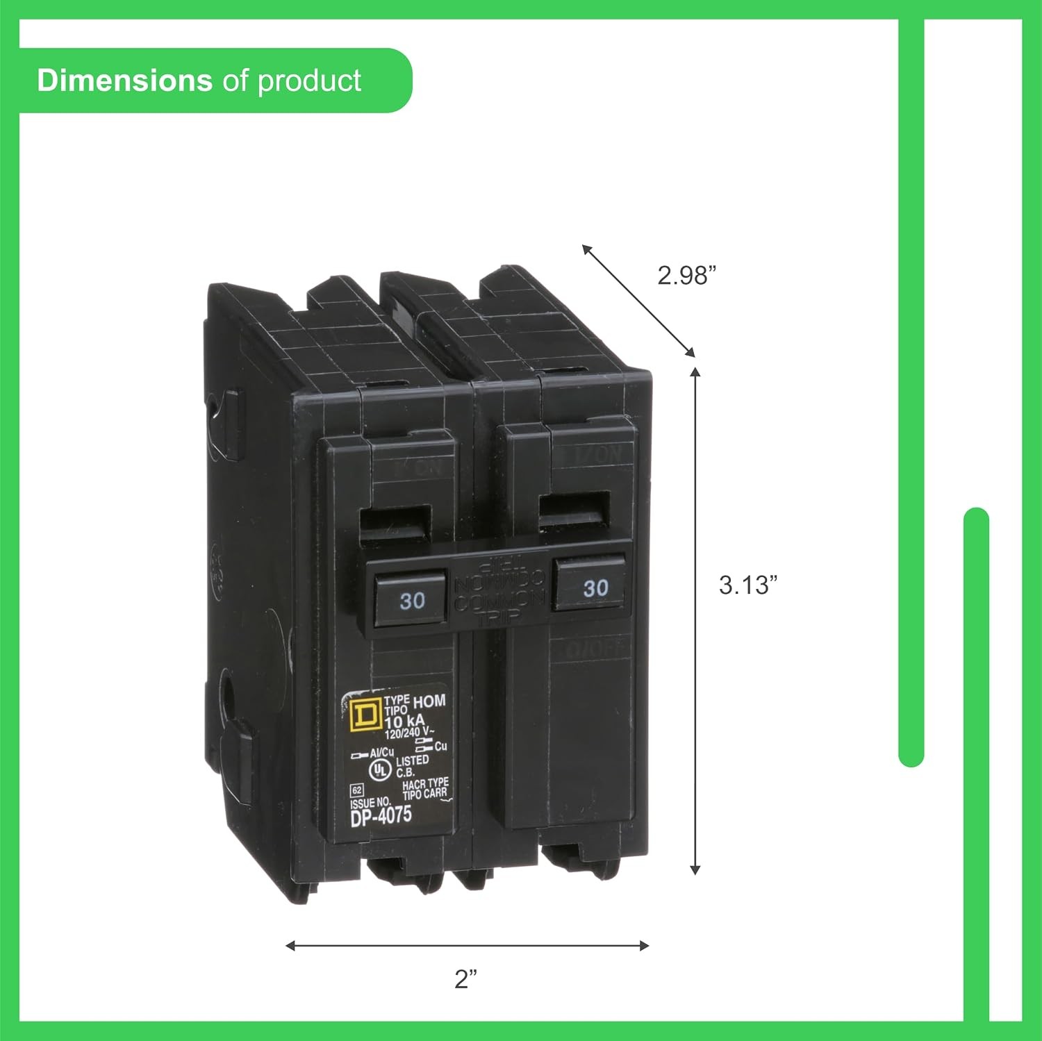 Square D by Homeline 30 Amp Mini Circuit Breaker 2 Pole 120/240V AC 10kA