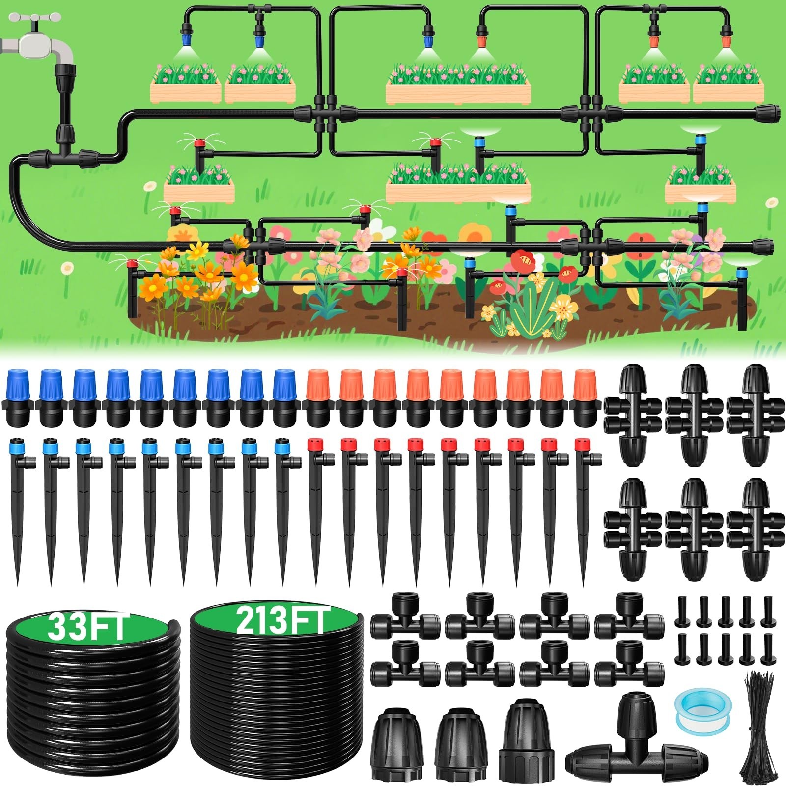 246FT Drip Irrigation System, Automatic Drip Irrigation Kit with 1/2″ Main Tu…