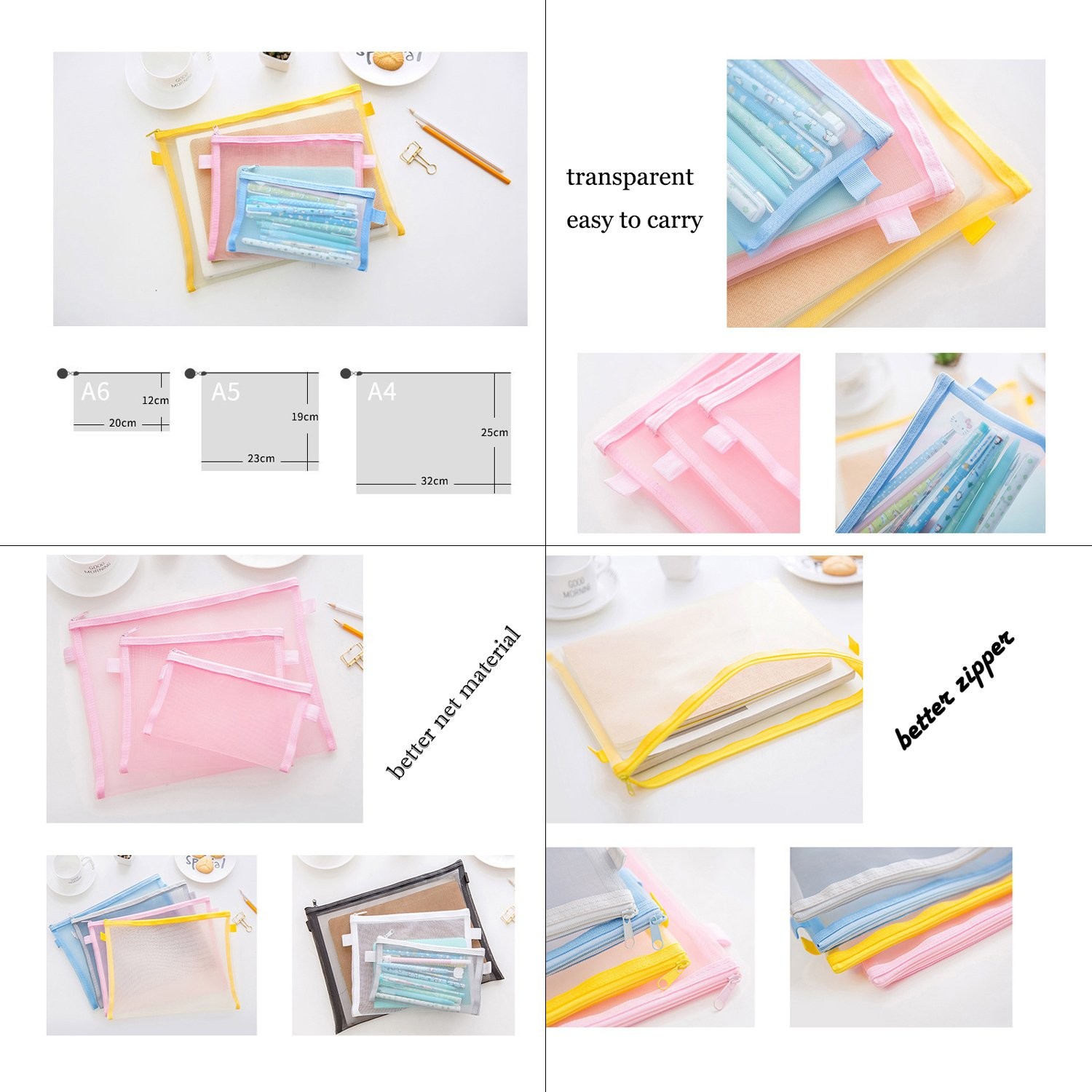 6 PCS White Zipper Files Bag Transparent Mesh Documents Pocket Pouch A5 Size