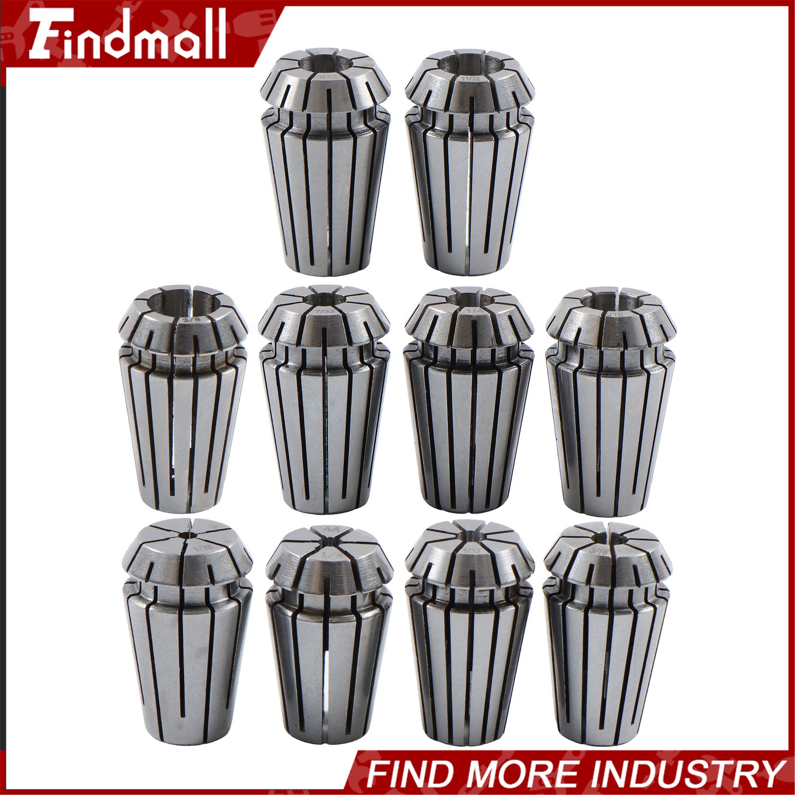 Findmall ER16 Collet Set 10 Pack Precision 3/32 to 3/8 Inch by 32nds 0.0002 TIR