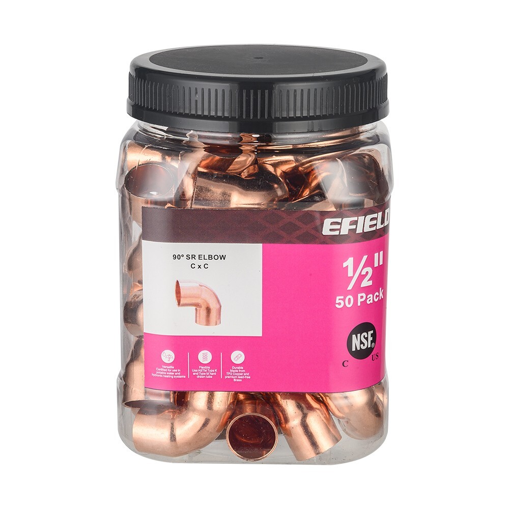 Pro 50 Pack EFIELD 1/2″ C X C 90 Degree Elbow , Copper Solder Fittings, No Lead