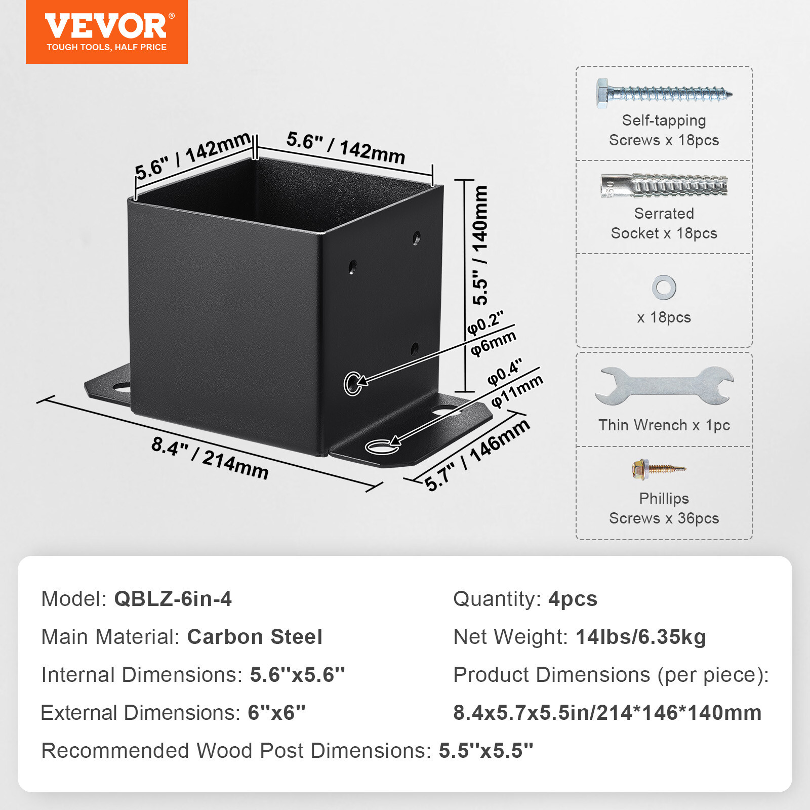 VEVOR 4 Pack 6×6 Post Base Brackets Heavy Duty Wood Post Fence Post Anchor