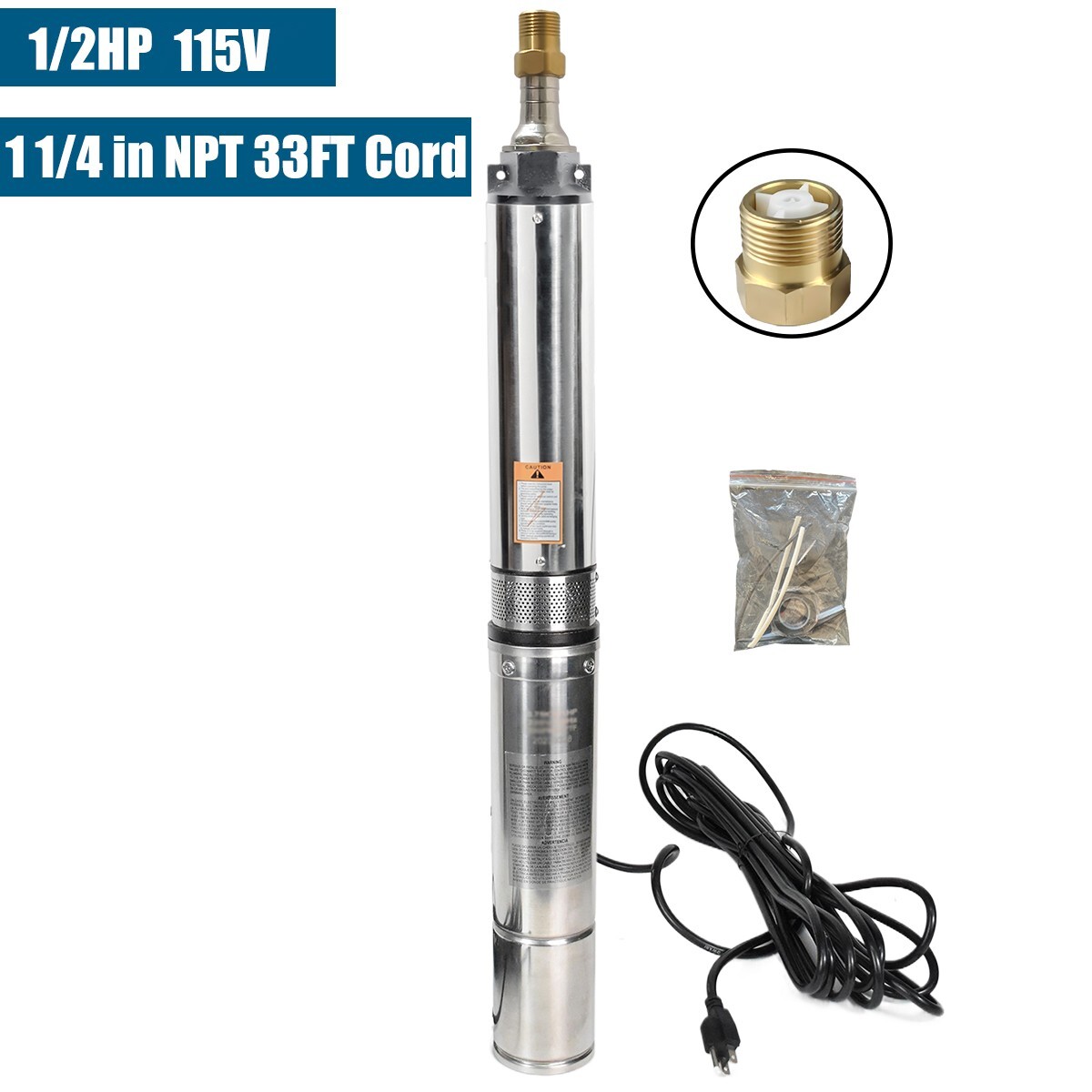 4″ Deep Well Submersible Pump, 1/2HP, 110V, 60 Hz, 28GPM, 150 Ft Max,1 1/4in NPT