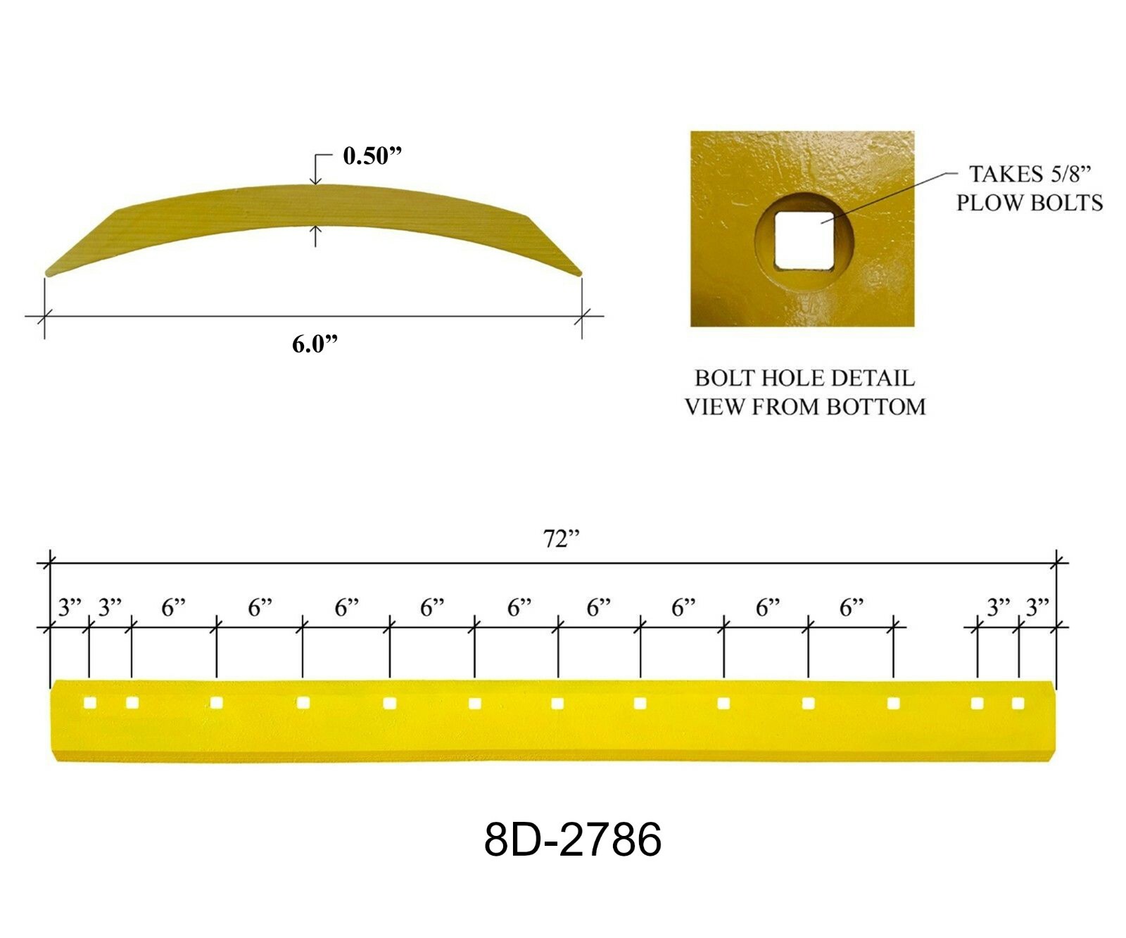 1 Common 6ft Heat Treated Curved Grader Blade, 8D-2786 – 1/2″x6″x72″