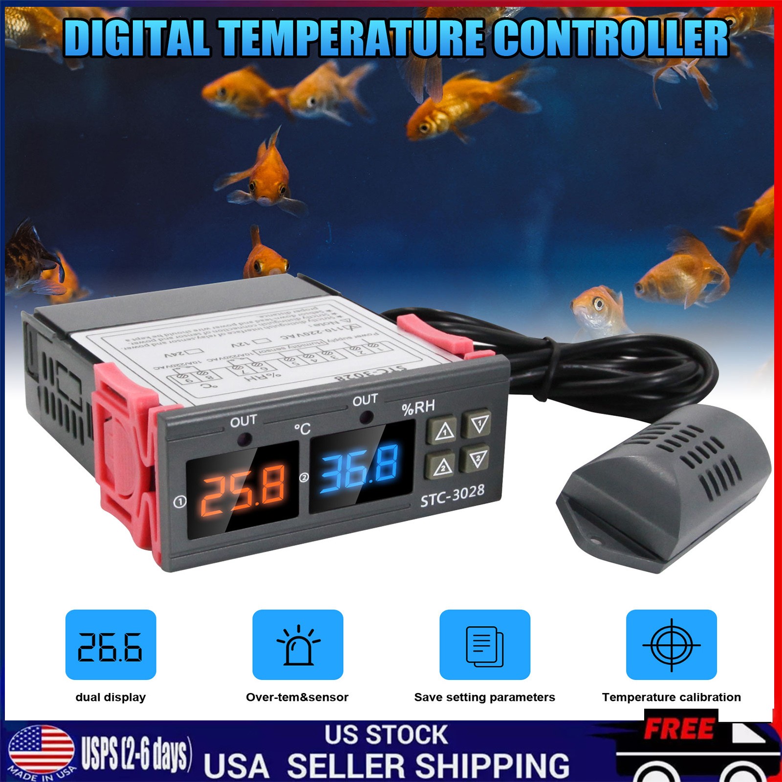 STC-3028 Dual LCD Digital Thermostat Temperature Humidity Controller AC110-220V