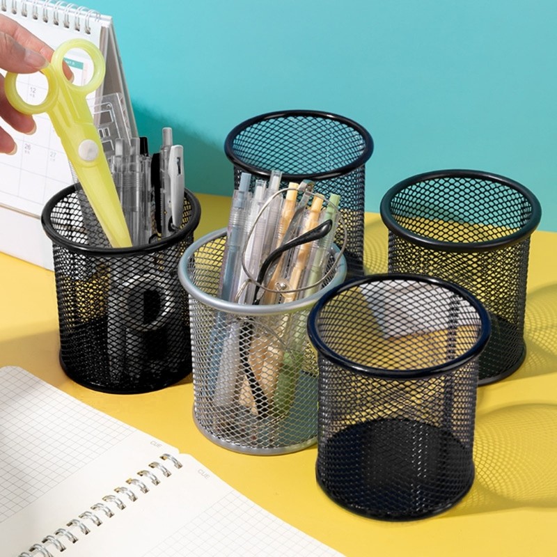 Metal Mesh Round Pen Pot Case Pencil Holder Durable Pencil Case Container Black