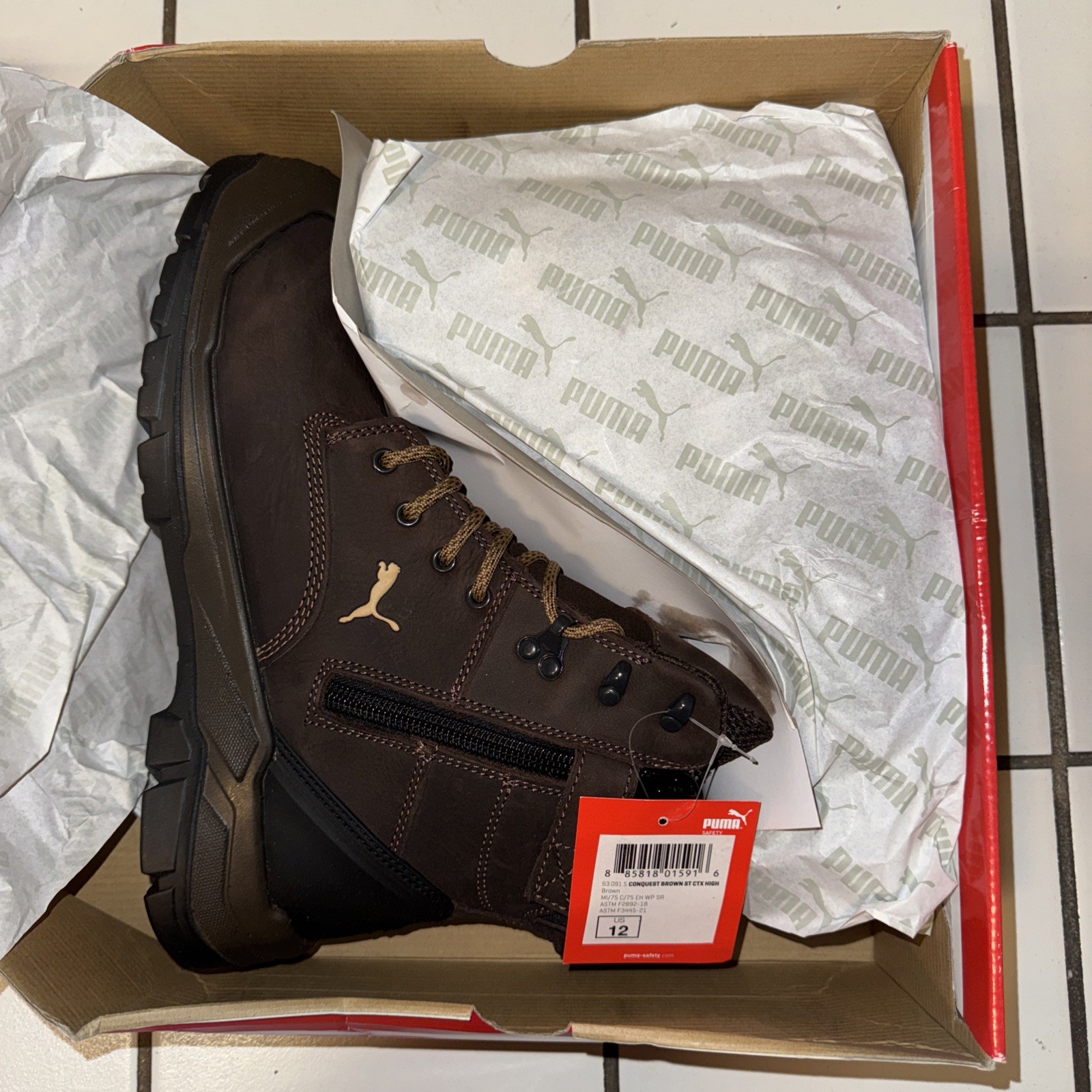 Puma Men’s 630915 Conquest 7″ Brown Waterproof Zip Soft Toe Work Boots Size 12