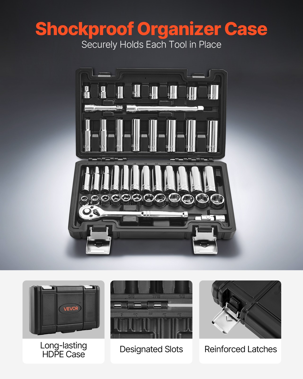VEVOR Socket Set Socket and Ratchet Set 44 Pieces 3/8 inch Drive Auto Repair