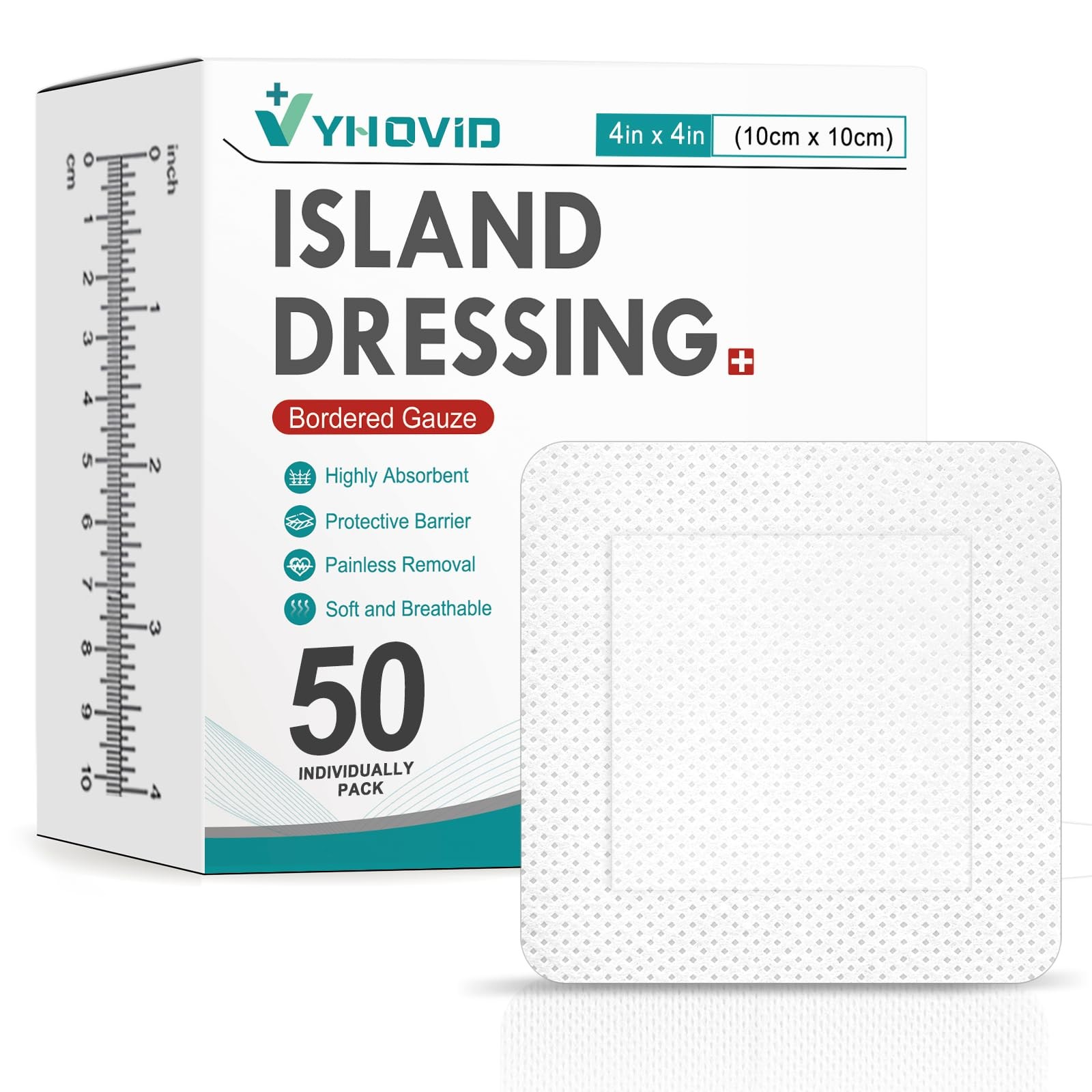 50 Count Island Dressing Bordered Gauze 4″ x 4″, Pads 4» x 4»(50 PCS)