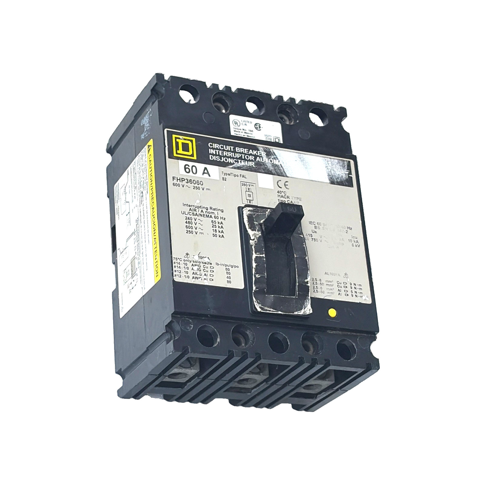 SQUARE D FHP36060 Circuit Breaker 60A, 600 VAC, 3-POLE *GREAT CONDITION*