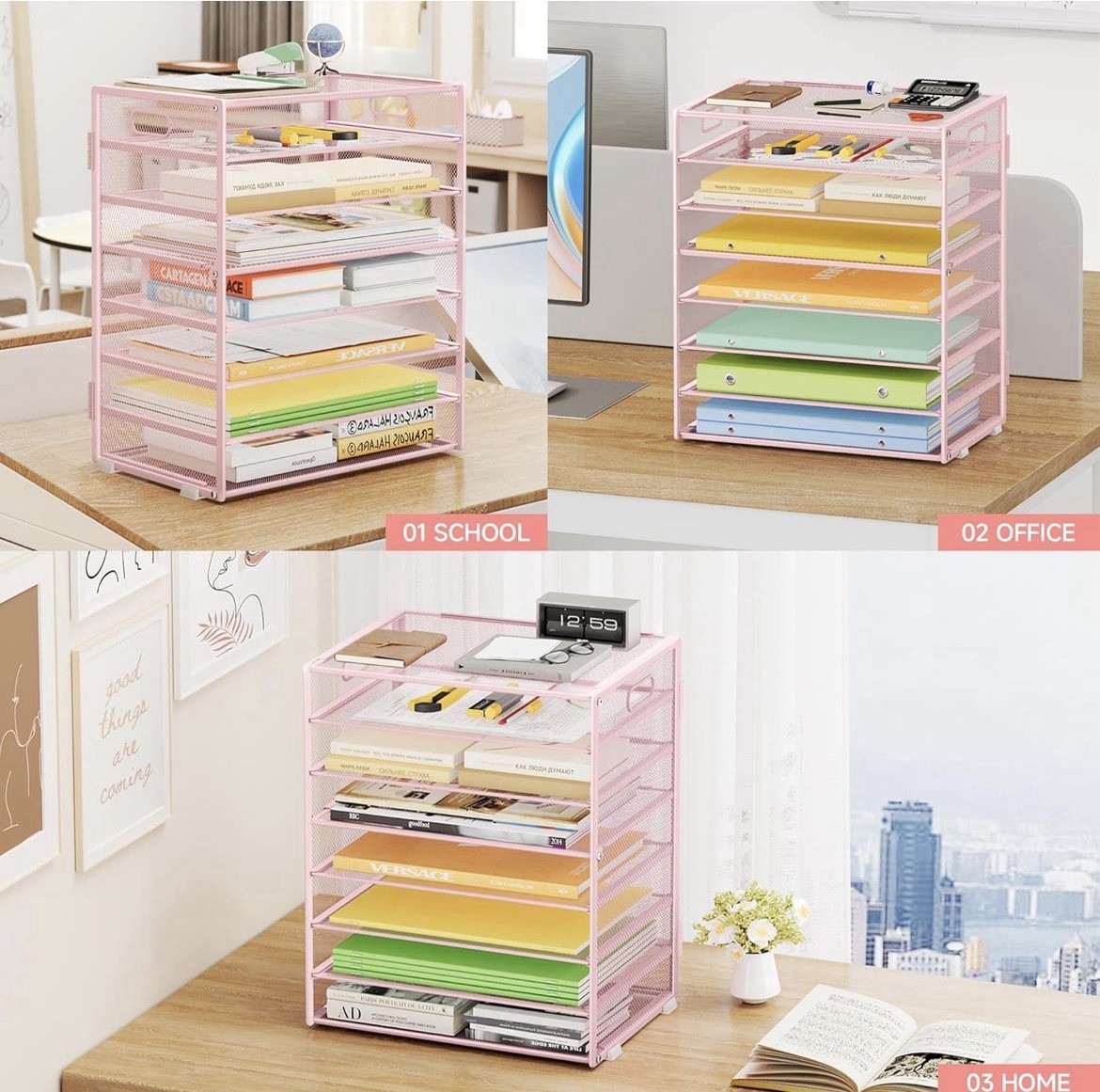 8-Tier Letter Tray Desk Paper Organizer, Mesh File Sorter Tray Organizer – Pink
