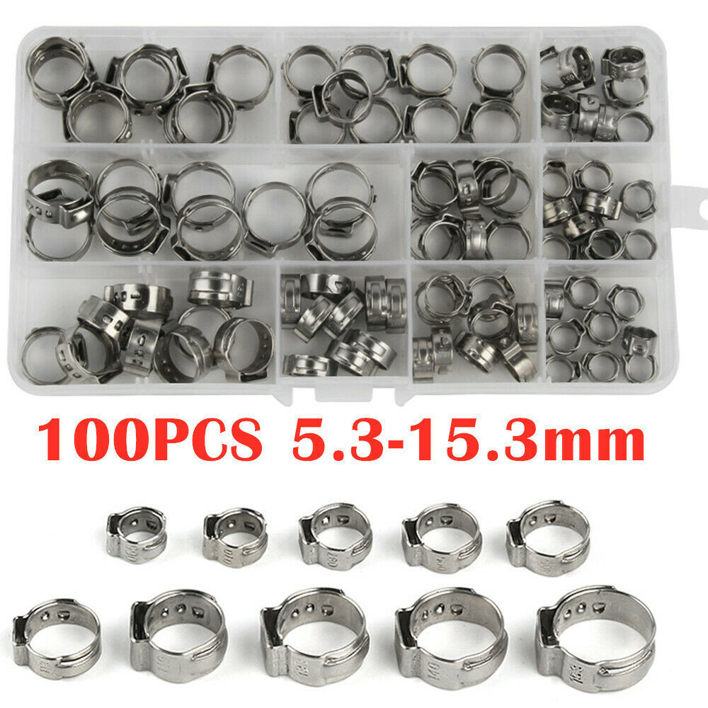 100PCS Assortment Hose Clamps Kit Stainless Steel Ear Cinch Ring Crimp Pinch Set