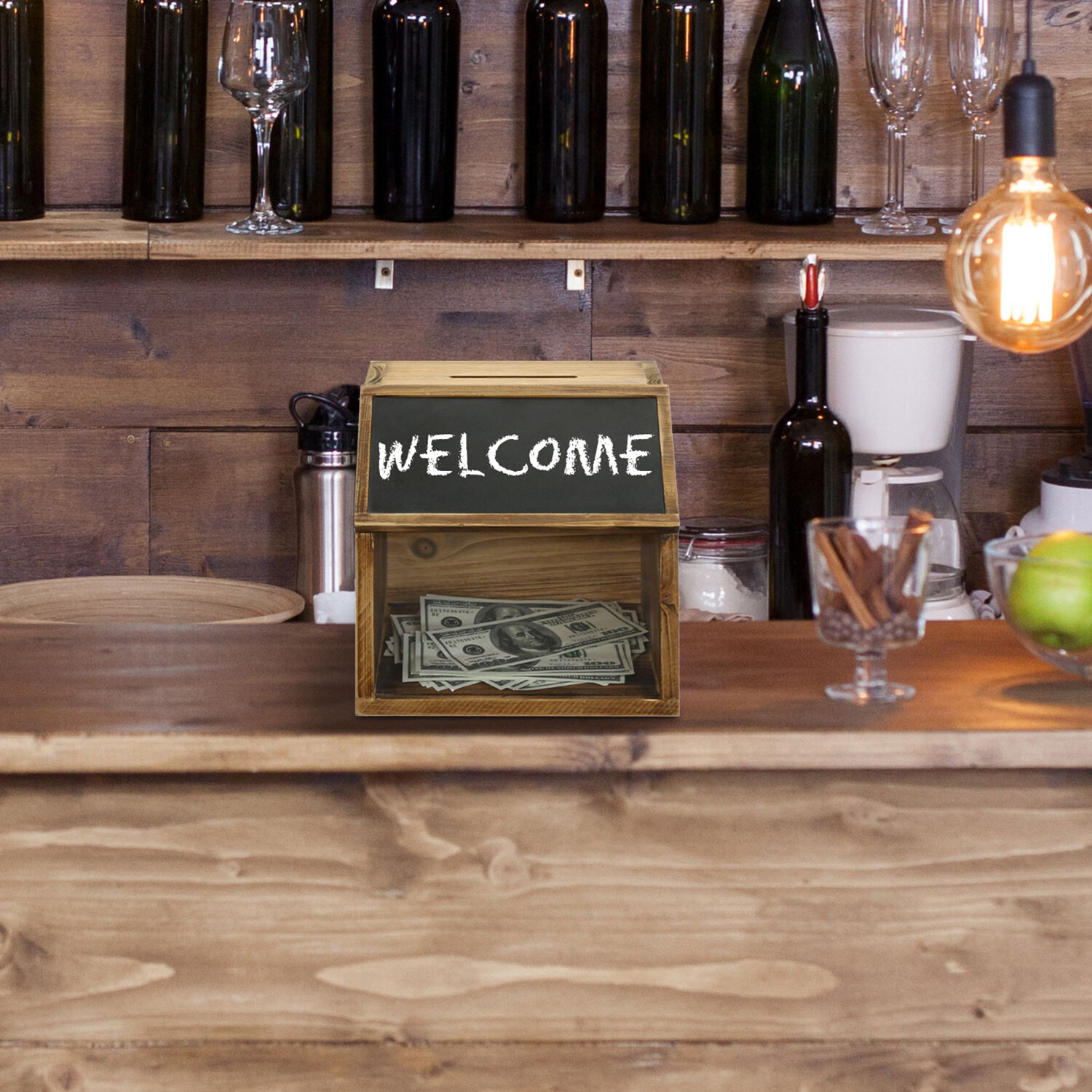Rustic Burnt Solid Wood Suggestion Donation Ballot Box w/Chalkboard Label & Lock