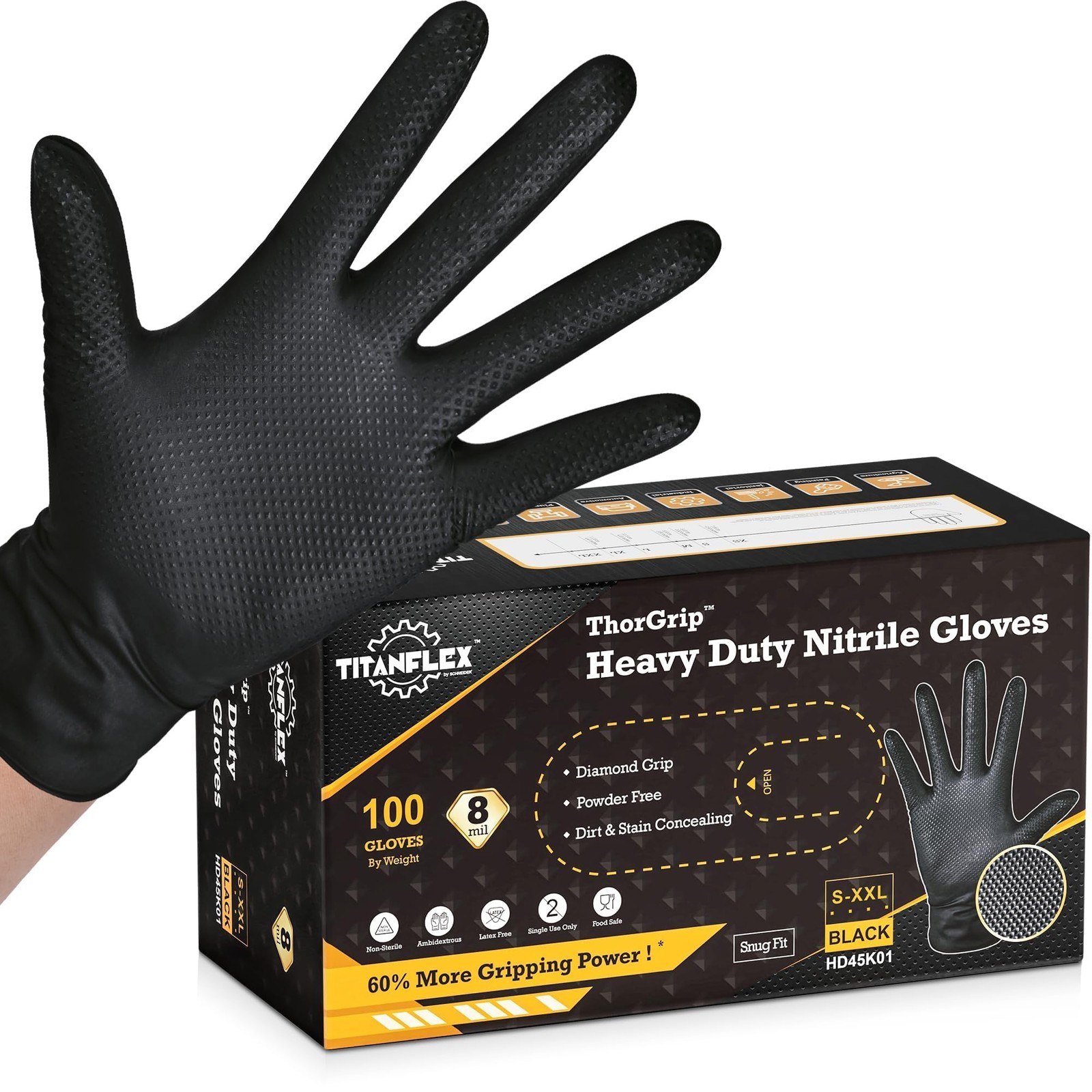 TitanFlex Heavy Duty Black Industrial Nitrile Gloves, 8-mil, XL, Box of 100, Lat