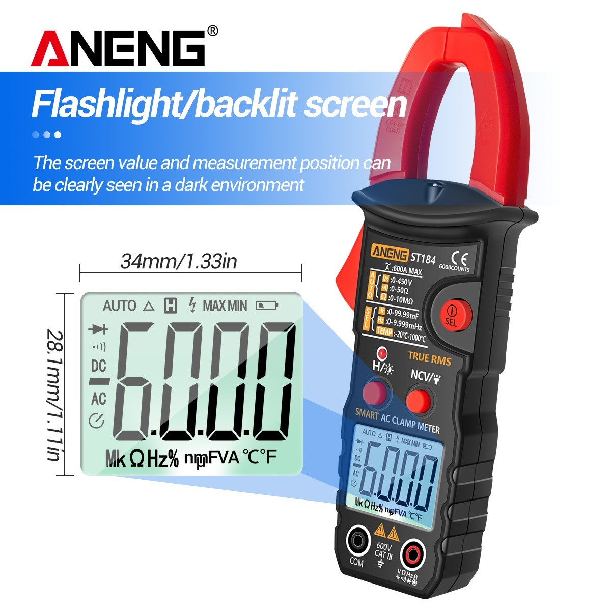 ANENG ST184 Clamp Meter True RMS 600A AC Auto Range NCV Temp Tester 6000 Counts