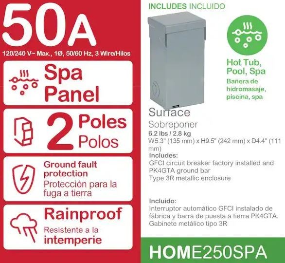 50A Outdoor Spa Disconnect with Required GFCI Breaker Homeline HOME250SPA