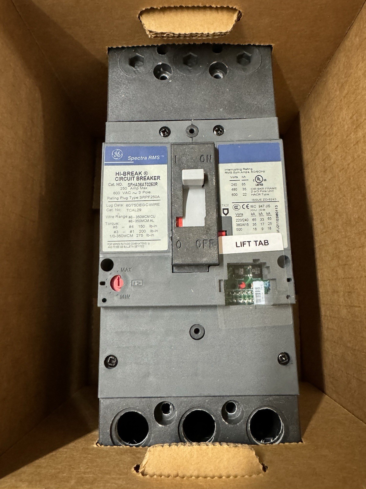 SFHA36AT0250 GE 250 Amp Frame 600V 3 Pole Bolt On Circuit Breaker New in Box