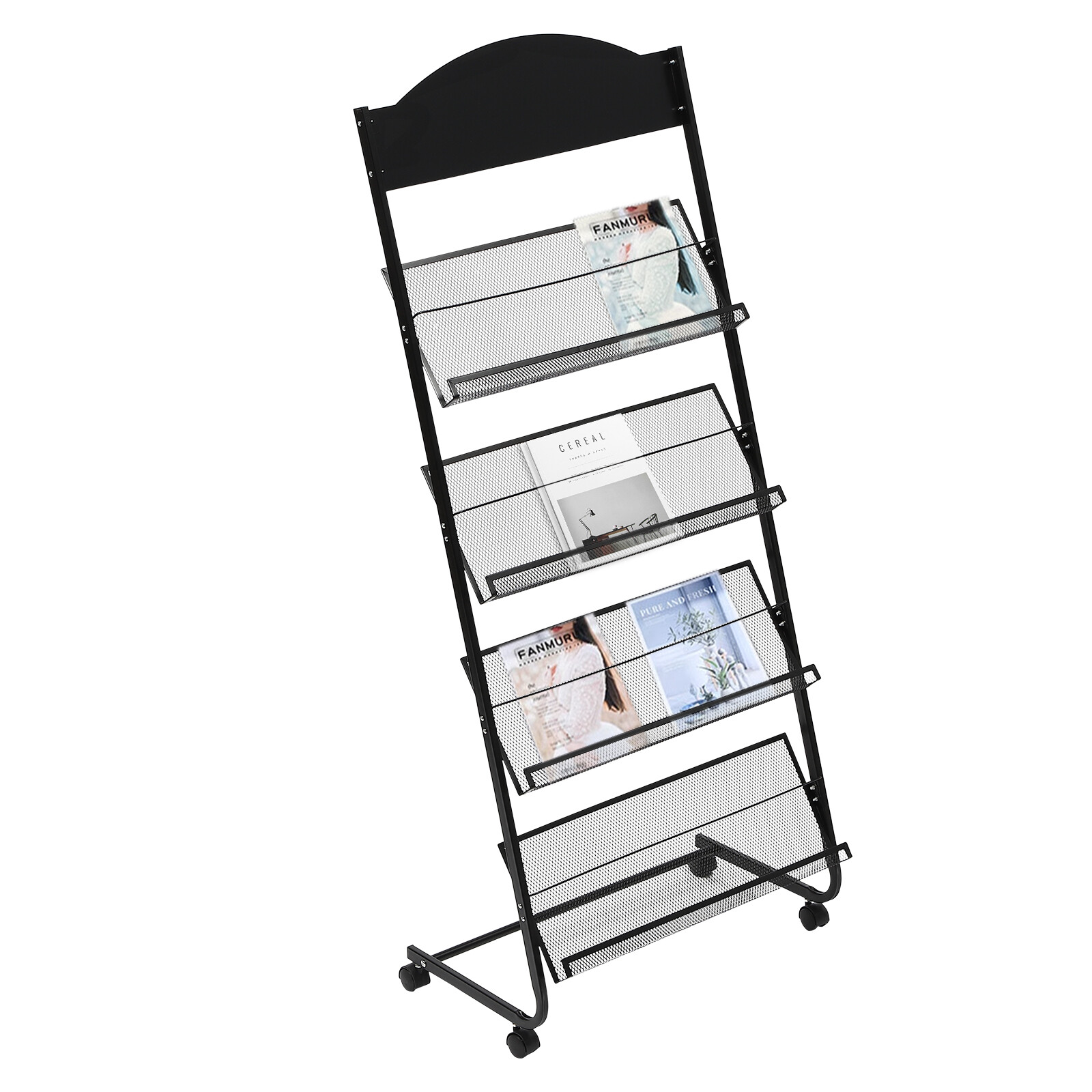 4-Tier Metal Wheeled Magazine Book Rack Newspaper Brochure Storage Display Stand