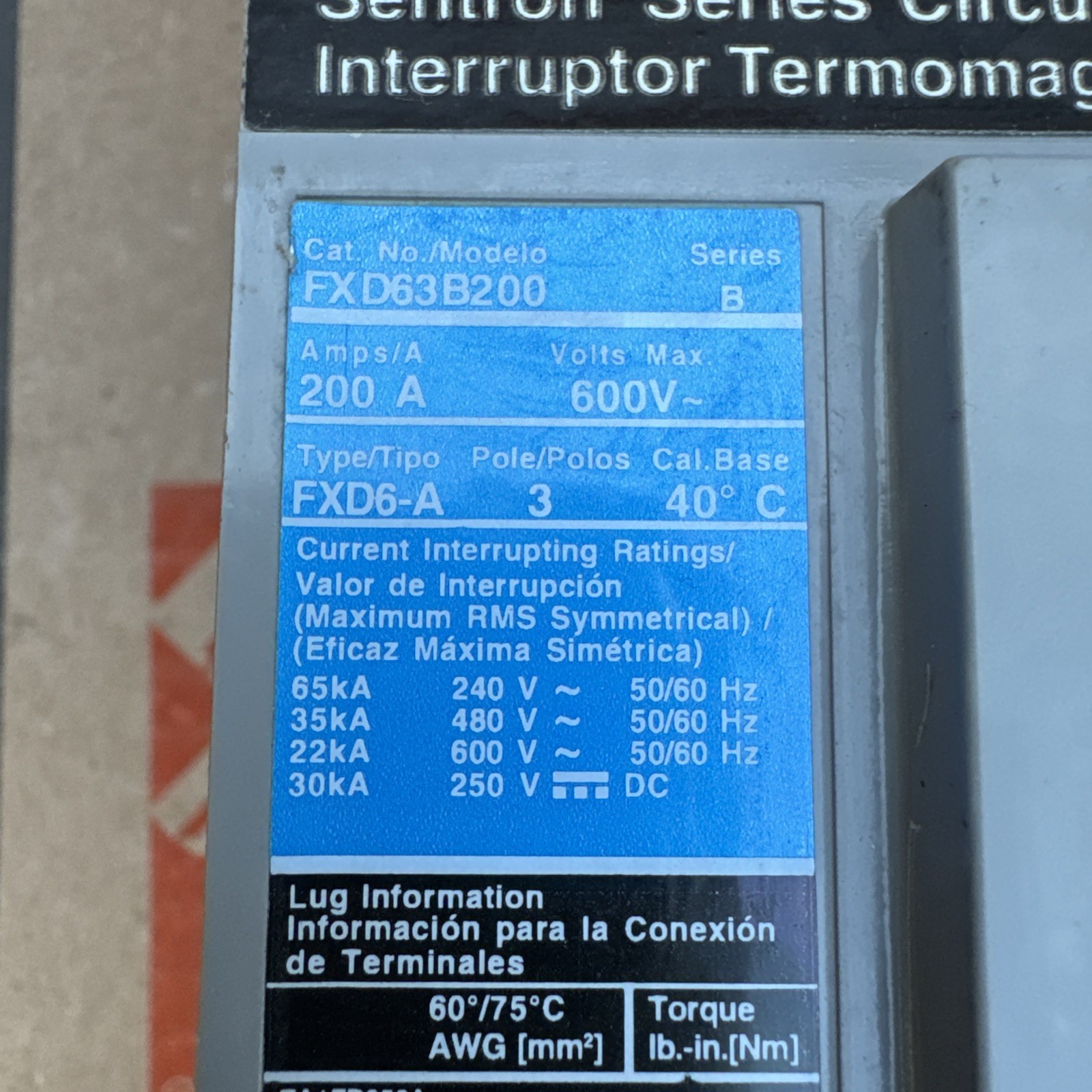 Siemens Sentron FXD63B200 200A 600V 3 Pole Circuit Breaker 200 Amp 3P FXD6-A