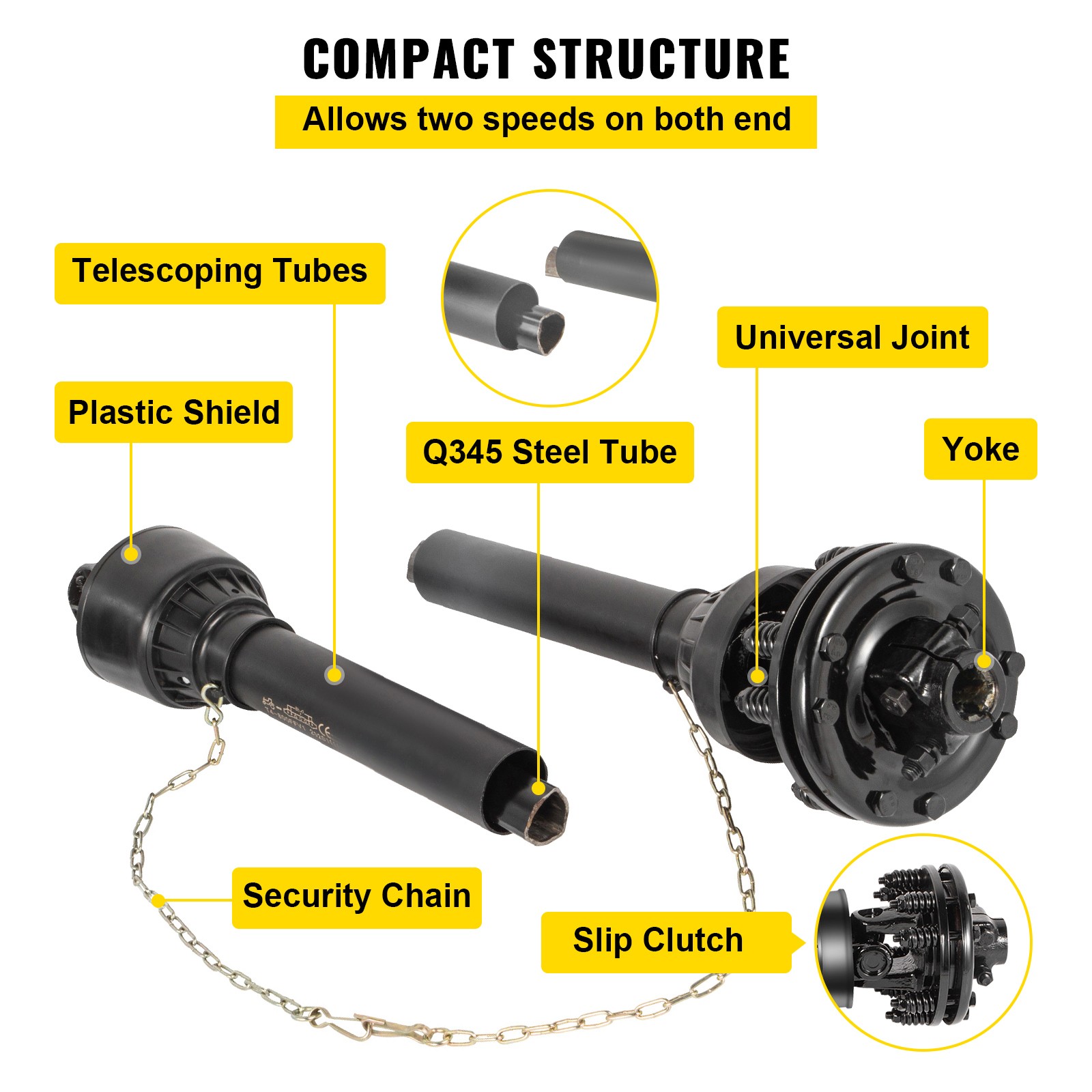 VEVOR PTO Shaft PTO Drive Shaft 1-3/8″ 6 Spline Endw/Slip Clutch T4 43″-59″