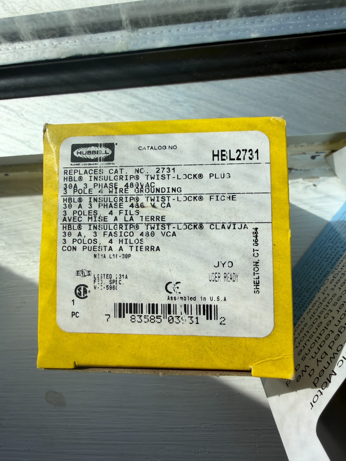 HUBBELL TWIST LOCK 30 AMP PLUG END 480 VAC 3P 4W GROUNDING HBL2731