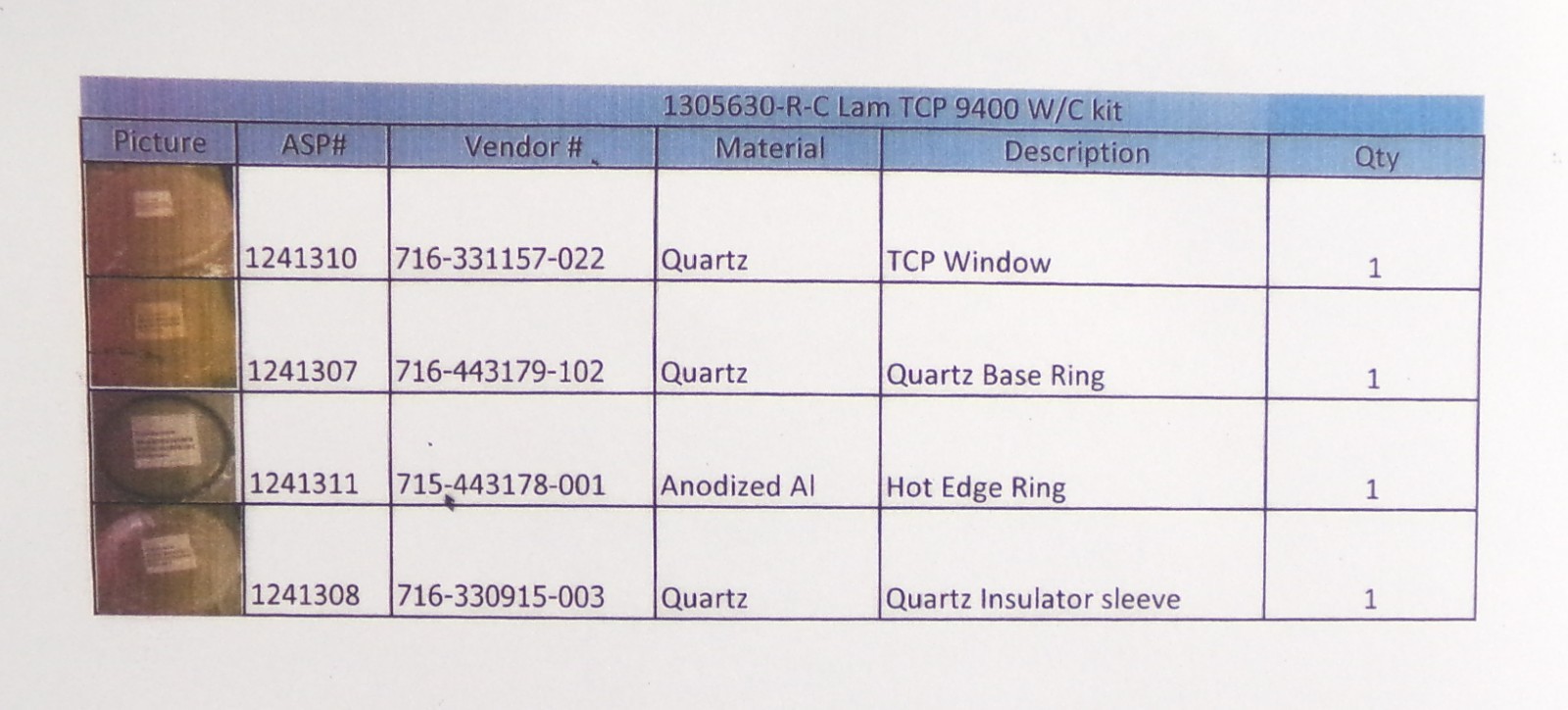 Lam Research 1305630 Quartz Wet Clean Kit TCP 9400 DFM 716-331157-022 Spare
