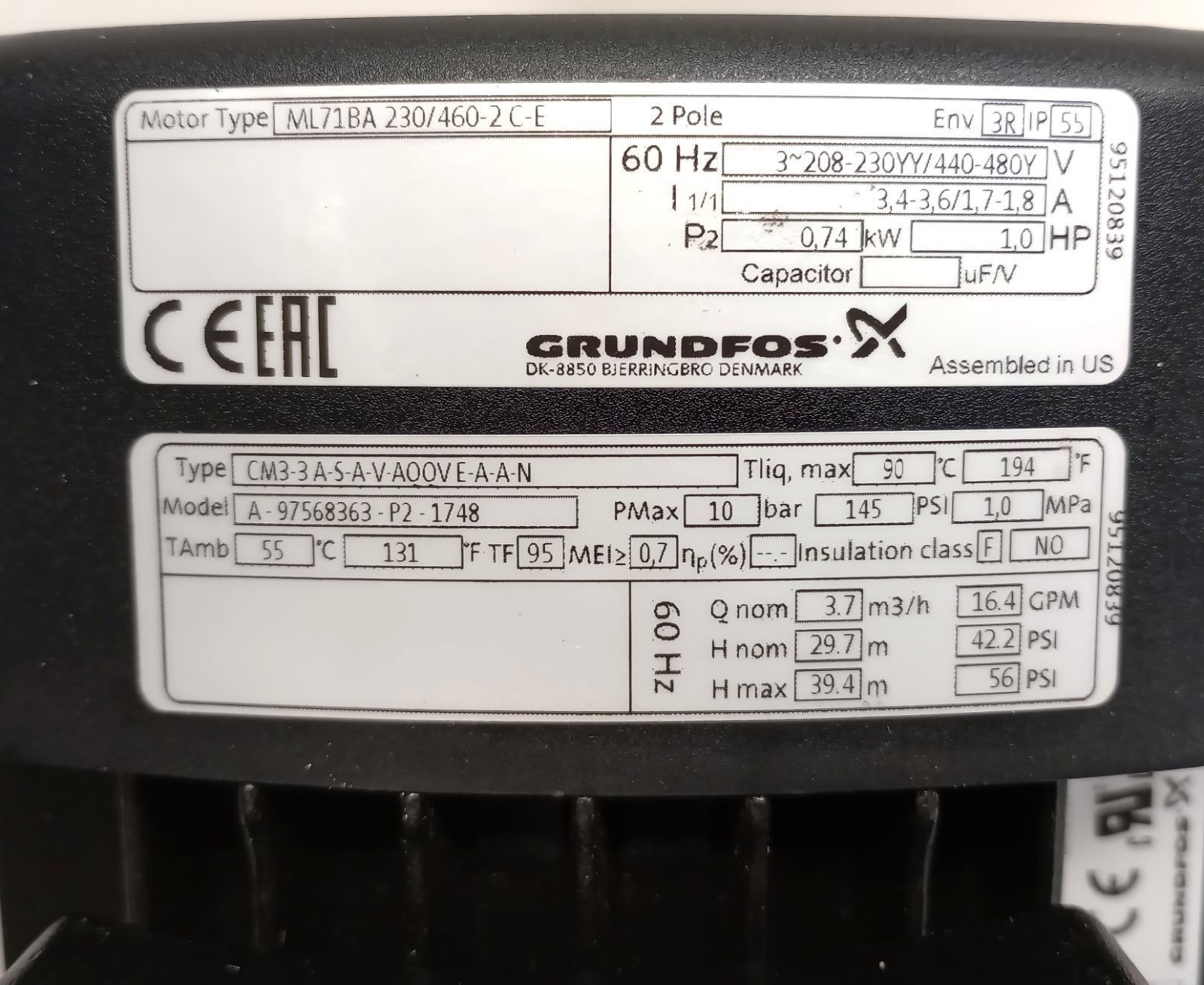 Grundfos CM3-3A-S-A-V-A00VE-A-A-N Centrifugal Pump A-97568363-P2-1748 Base Mount