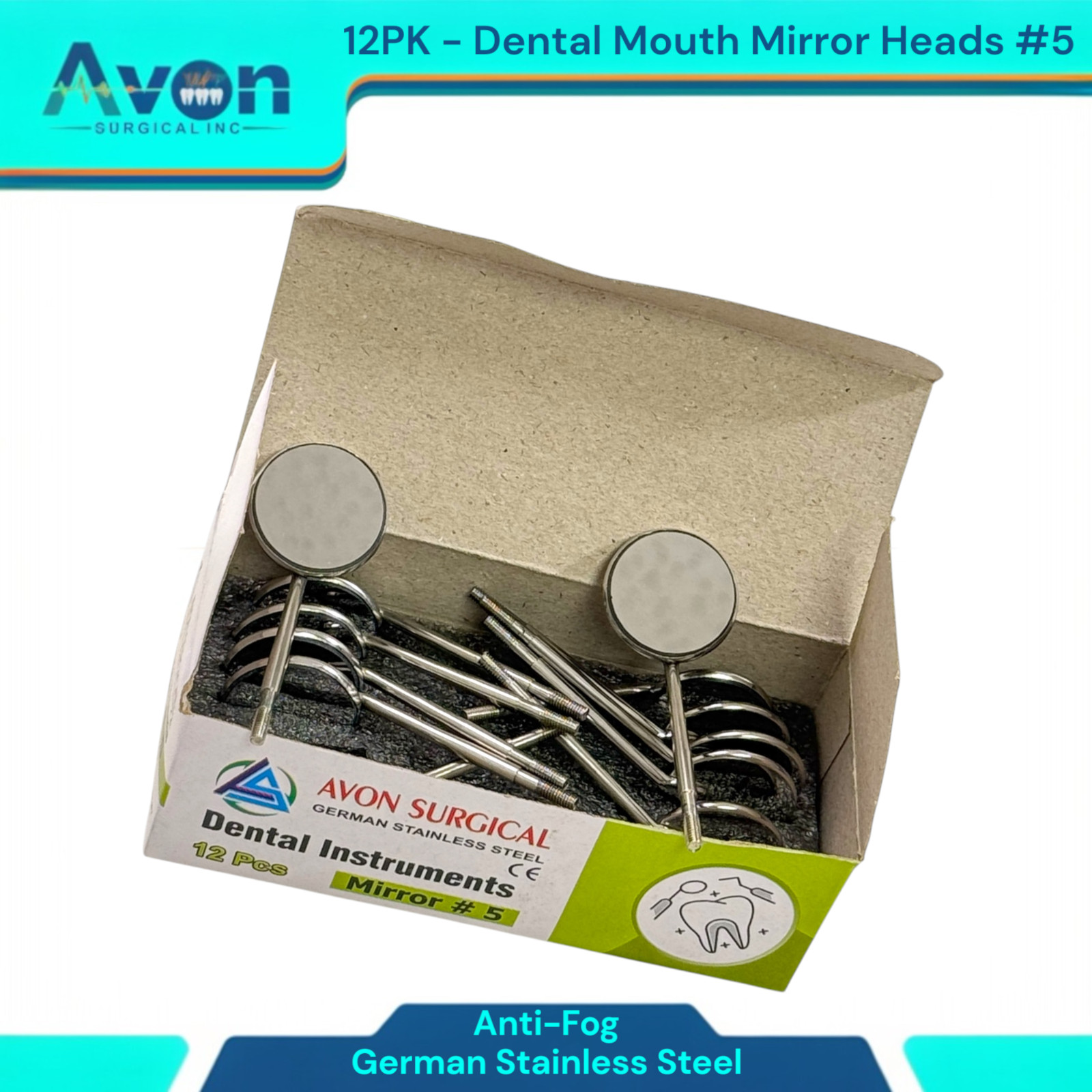 Dental Mouth Mirror Heads #5, Anti-Fog, Cone Socket | Stainless Steel (12PK)