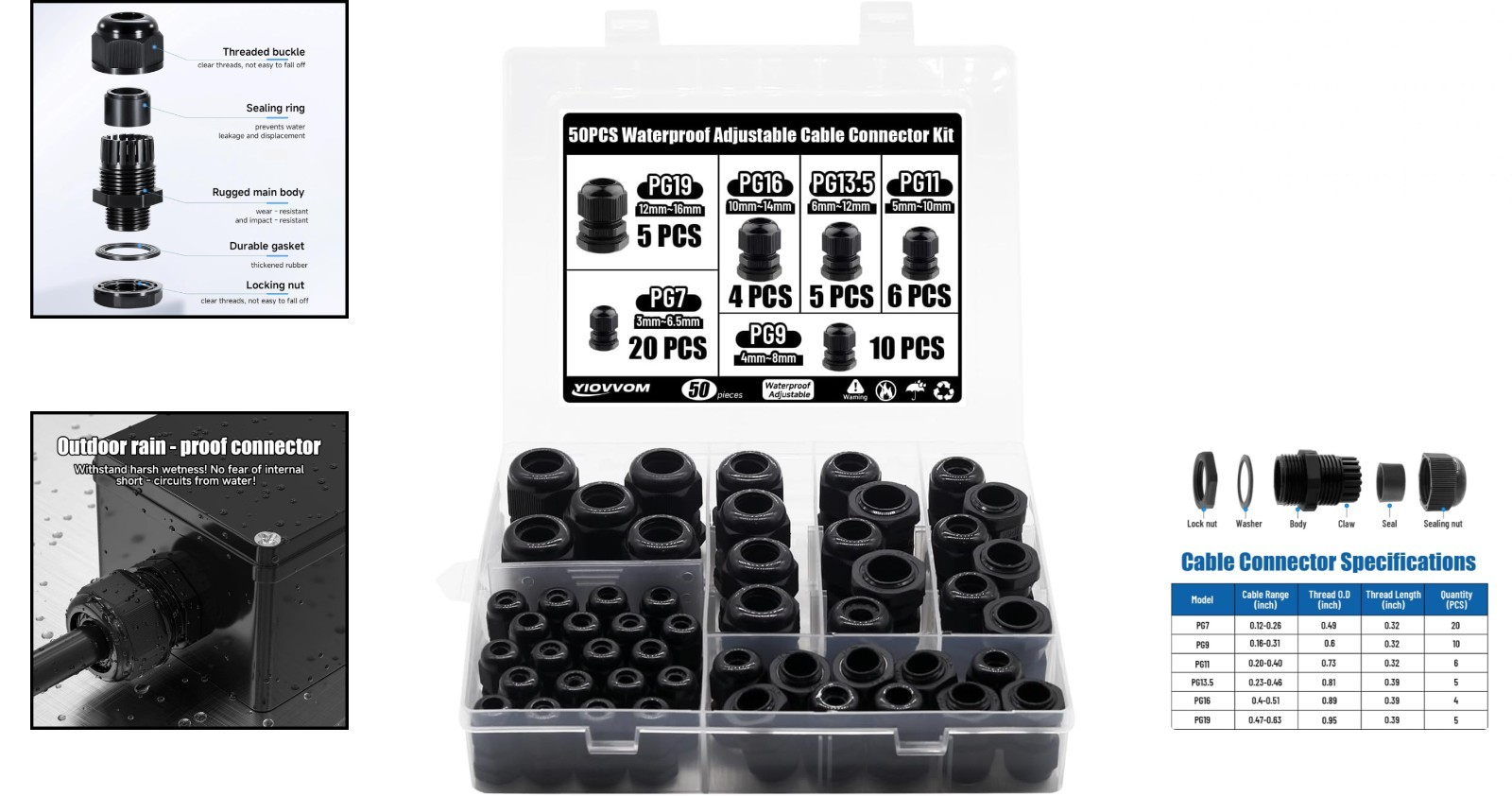 Cable Glands 50 pcs Cable Gland Waterproof joints, Adjustable Black 3-16mm Wa…