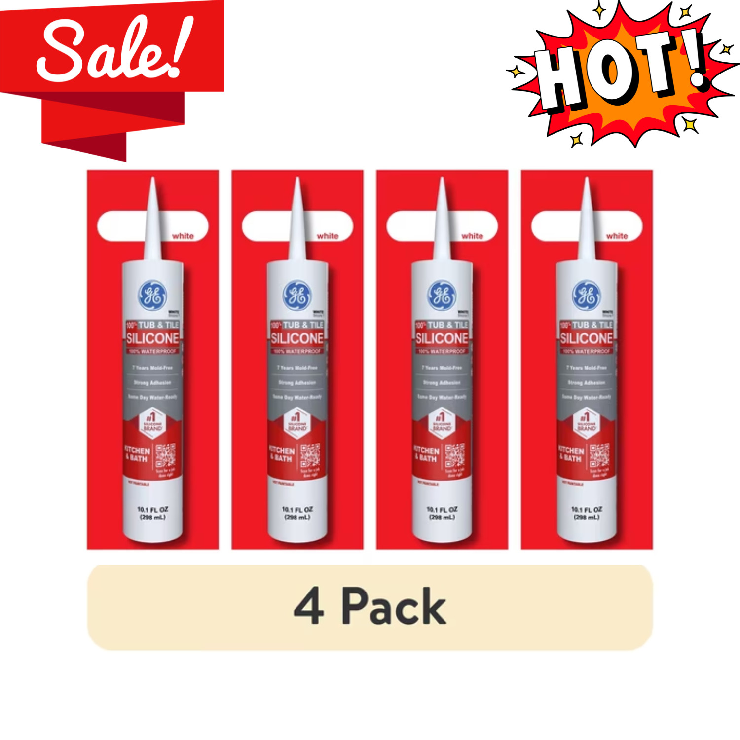 4 Pack GE Silicone 1 Tub & Tile Sealant White 10.1 fl oz Cartridge Box New