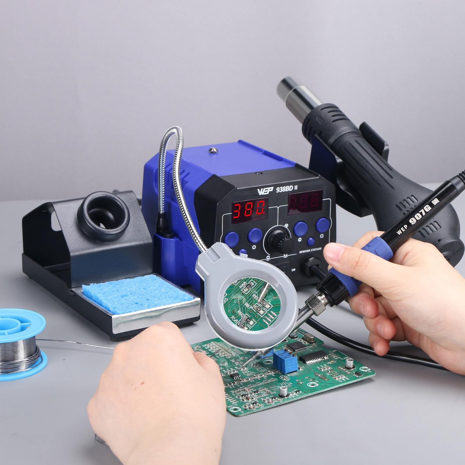 WEP 938BD-II Soldering Iron Station Hot Air Gun Rework Station with LED Lamp
