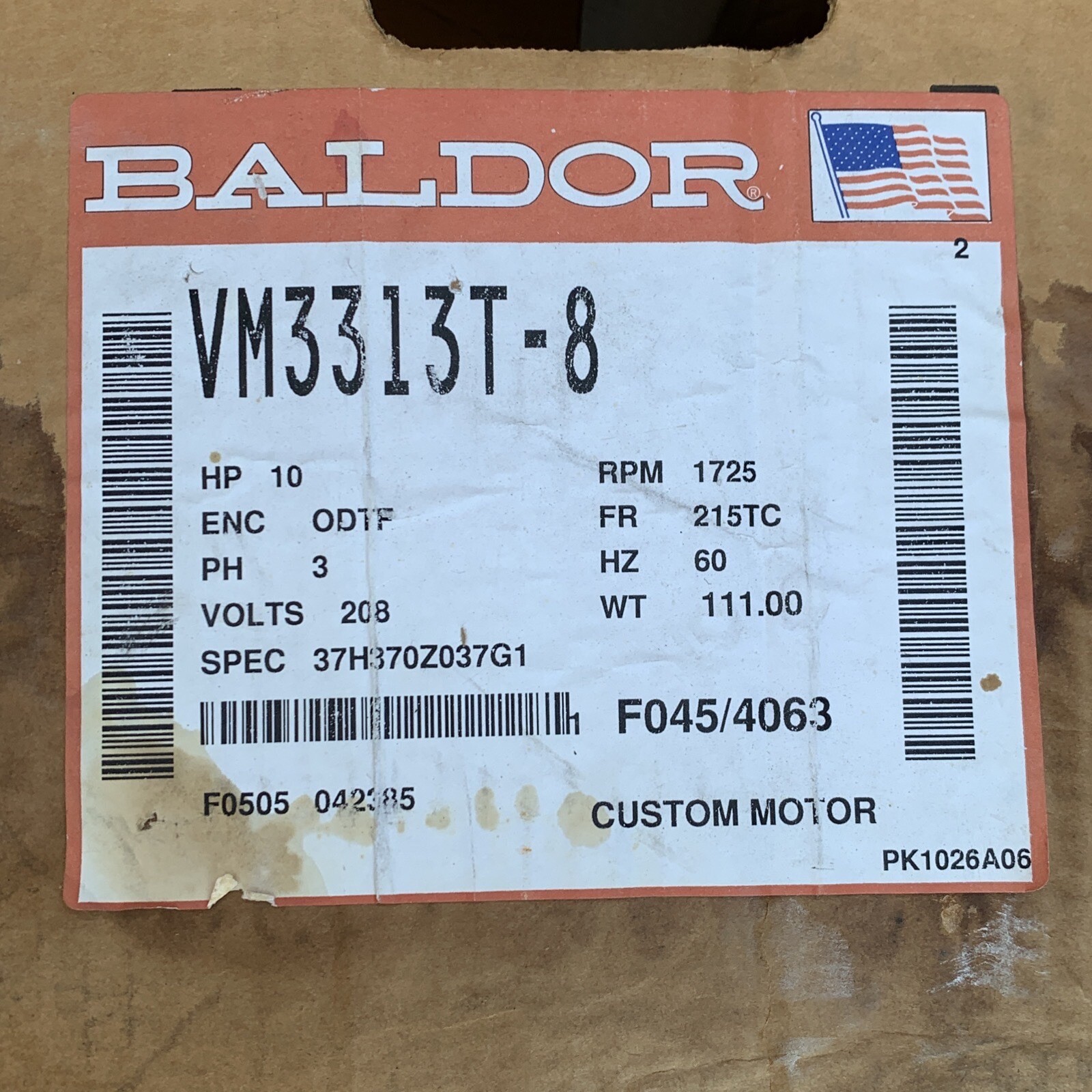 Baldor VM3313T-8 General Purpose Footless Motor 10HP 1725RPM 215TC, 208V ONLY