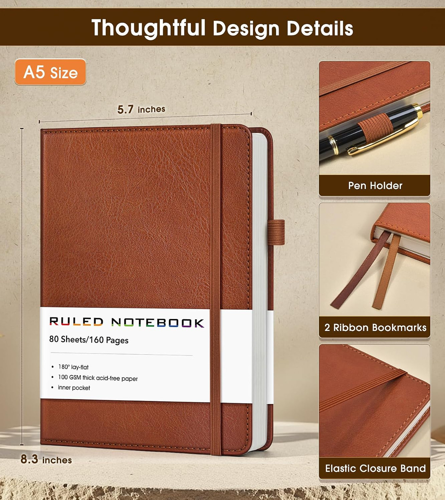 Lined Journal Notebook, A5 Hardcover Leather, 160 Pages, Brown, For Writing and