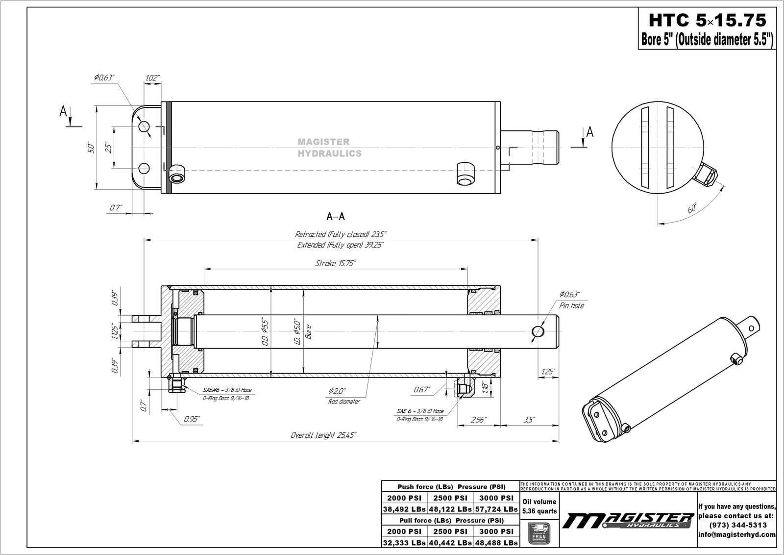 5″ bore x 15.75″ stroke Dump Hoist Hydraulic Cylinder
