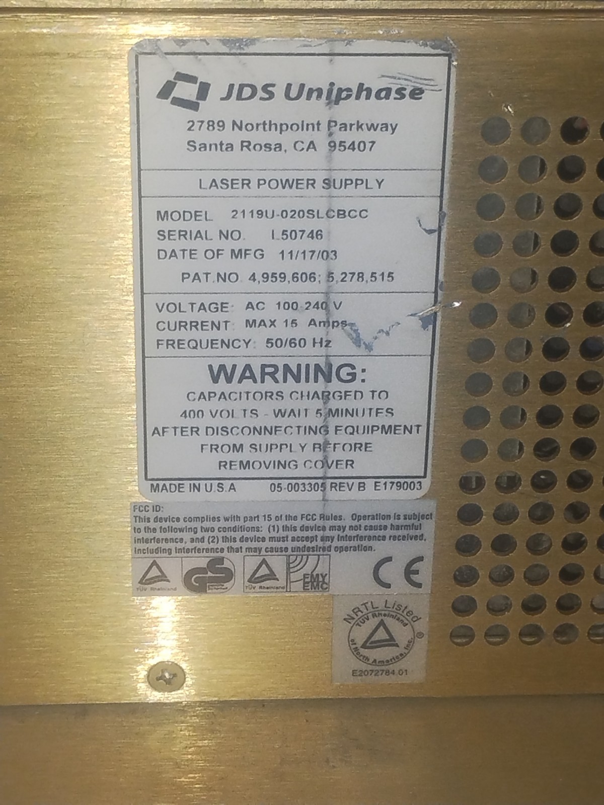 JDS UNIPHASE LASER POWER SUPPLY 2119U-020SLCBCC 100-240V MAX 15A 50/60HZ