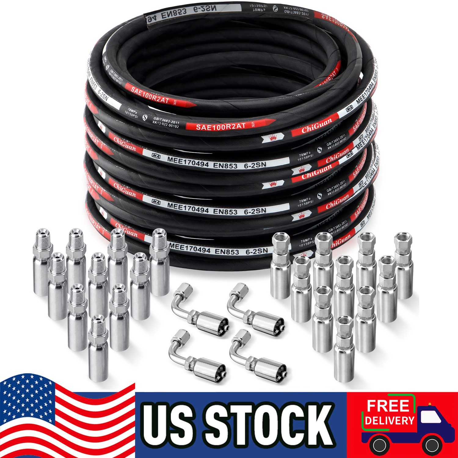 1/4″ 100′ HYDRAULIC HOSE TWO WIRE HOSE FLEXIBLE 70MPa / 10150PSI WITH 24 FITTING