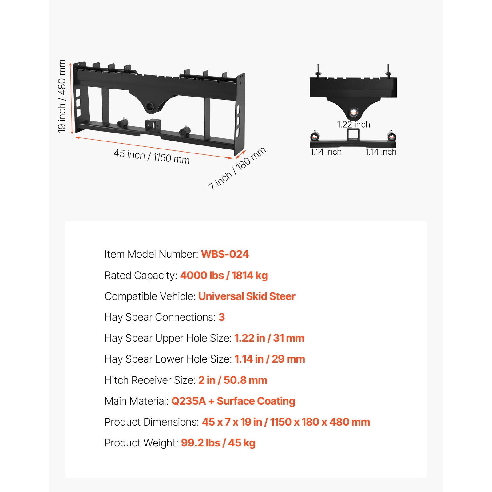 Uimoso 45″ 4000lbs Skid Steer Pallet Frame w/2″ Hitch Receiver and Spear Sleeves