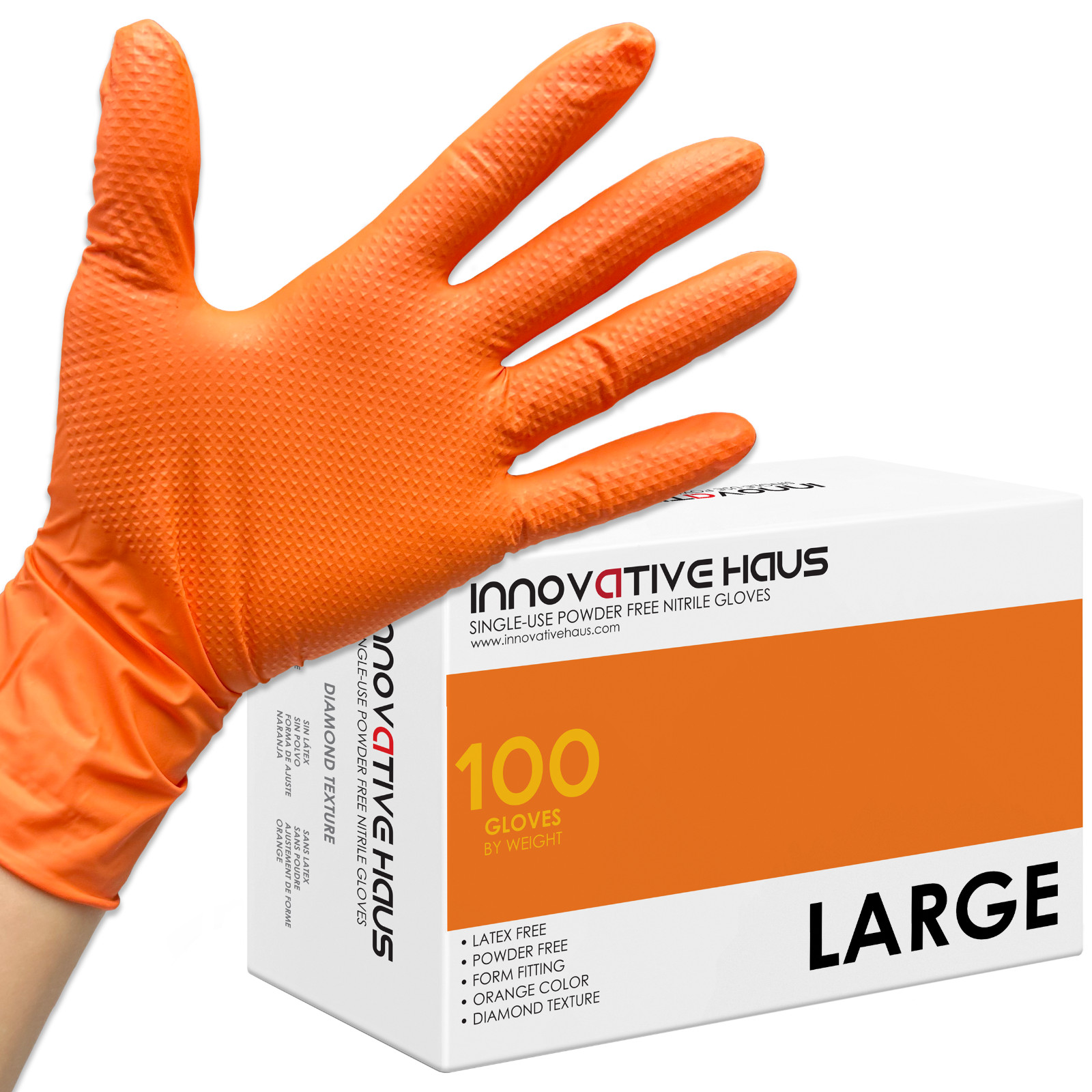 8 Mil Orange Disposable Nitrile Gloves. Raised Diamond Textured Gloves – Large