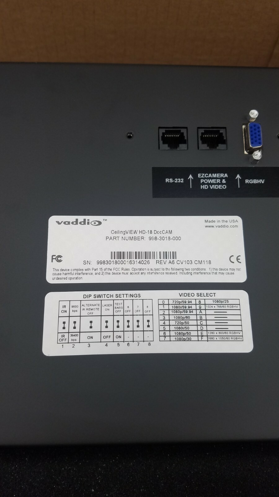 Vaddio CeilingVIEW HD-18 DocCAM with Quick-Connect Short Range (SR) 999-3018-000