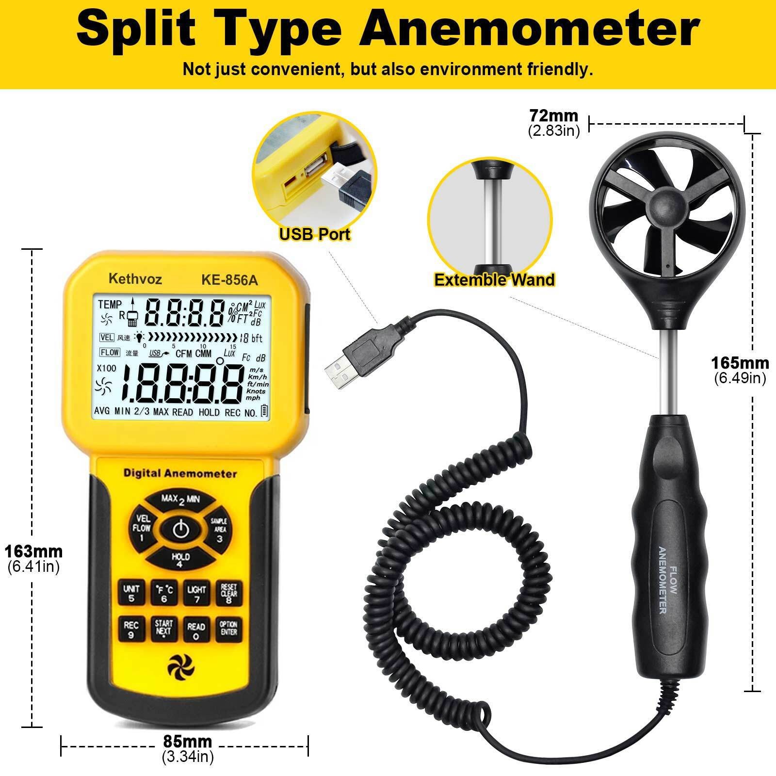 Handheld Anemometer 45m/s 5-Unit 600Groups USB Data Log Backlit Max/Min/Avg Auto
