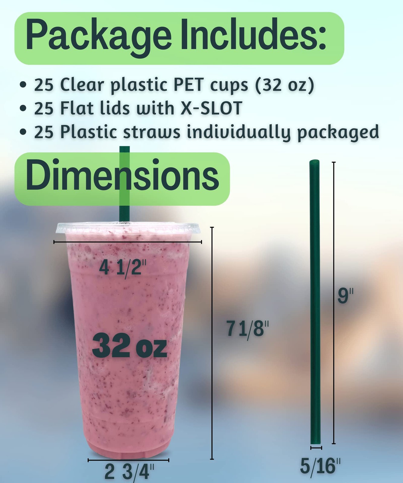 32 oz Clear Plastic Cups with Lids and STRAWS, 50 Piece Set, Transparent