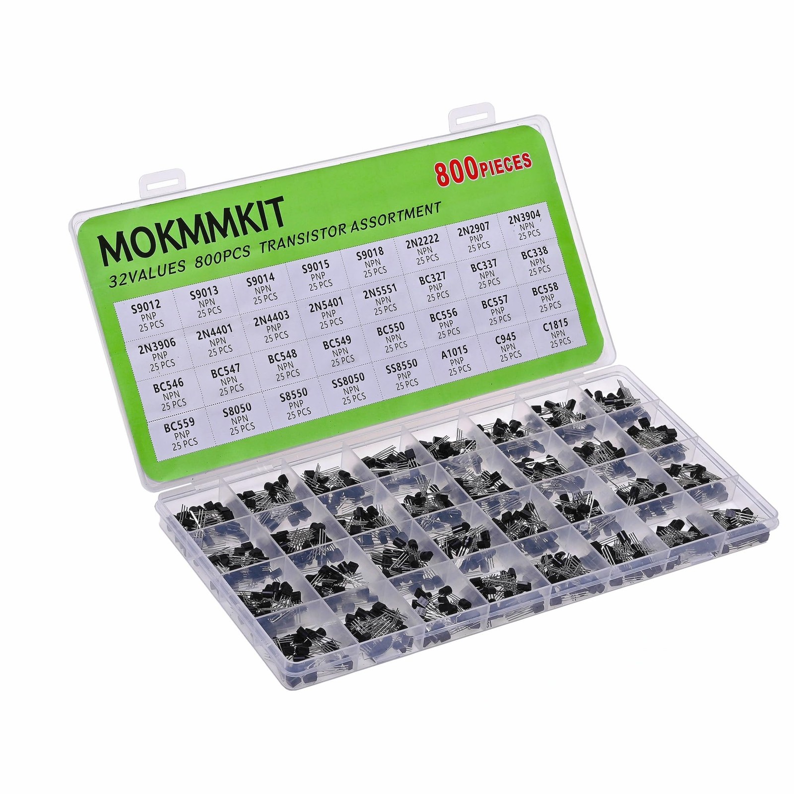32 Values 800 Pieces Transistor Assortment Kit 2N2222 2N2907 2N3904