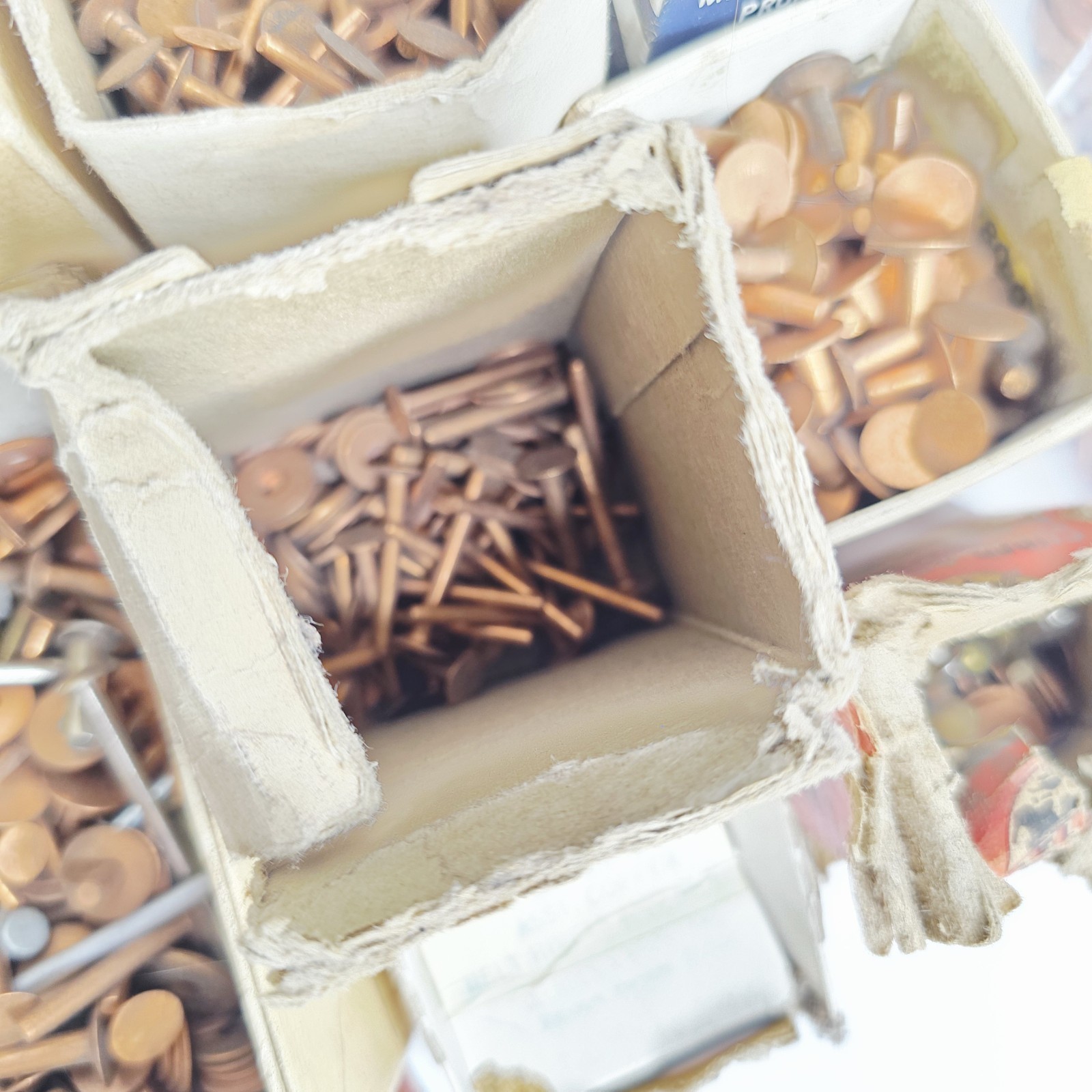 9 Pounds Vintage Copper Steel Belt Fasteners Tubular Rivets Burrs Boxes Lot Bulk