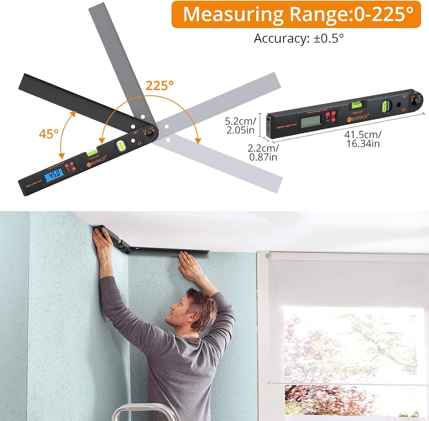 Aluminum Digital Angle Finder Protractor 225° 16 Inch Backlit LCD Digital with H