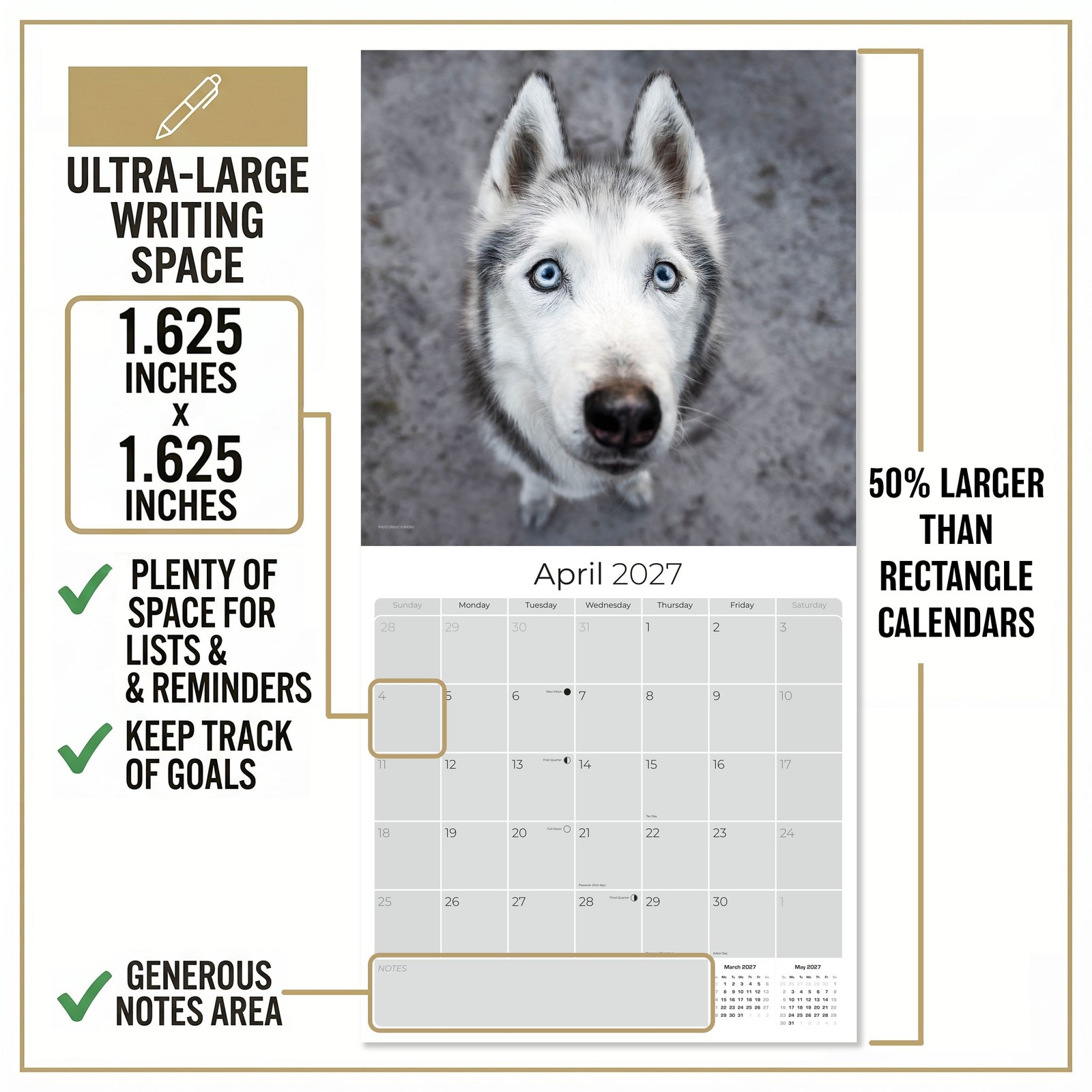 Siberian Husky Dog Breed Calendar 2024 FULL SIZE 12×24 Made in USA